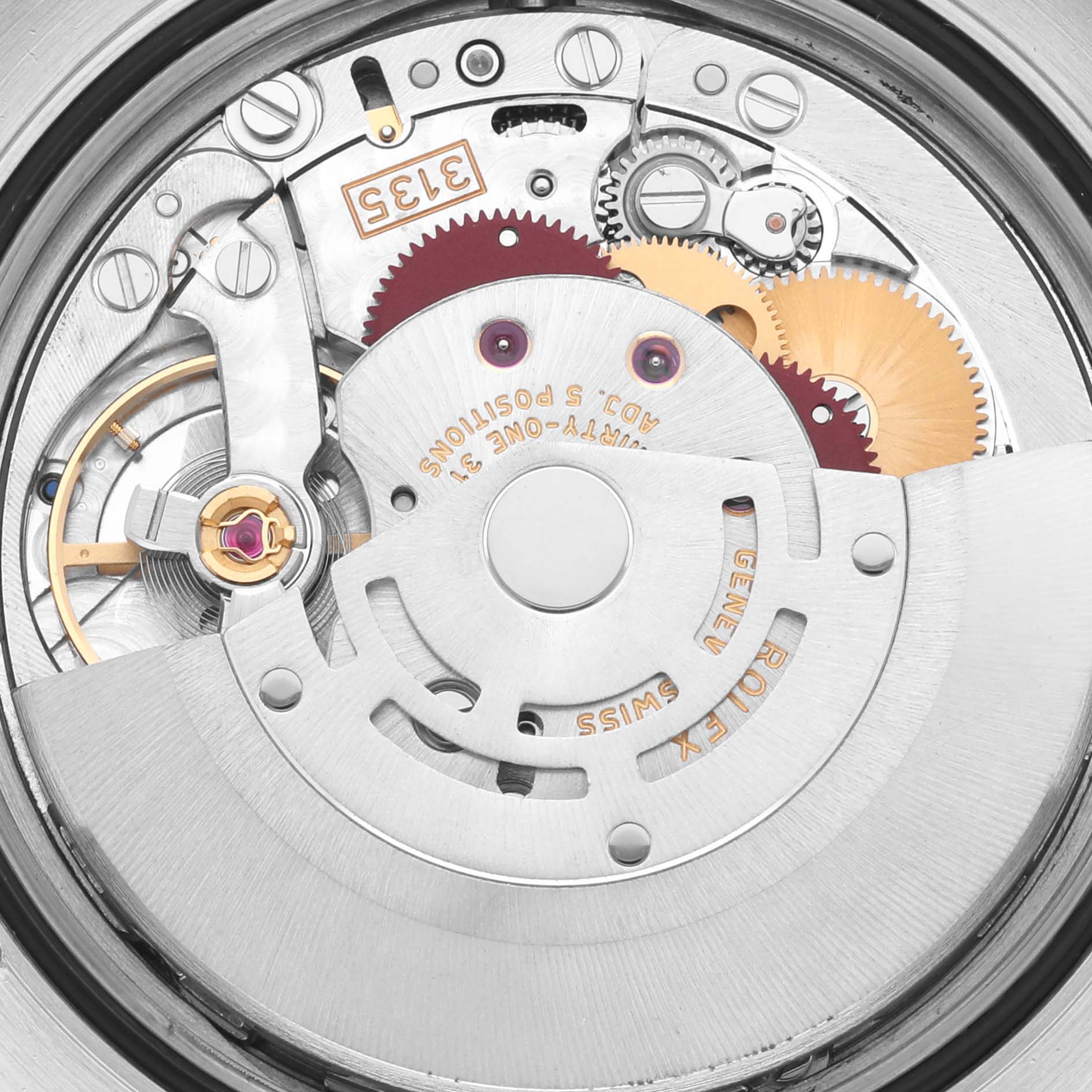 The image shows the internal mechanism and movement of a Rolex Datejust 116233 Men's Steel and Gold (two tone) Champagne Dial 116233 Men's Steel and Gold (two tone) Champagne Dial watch from a top-down angle.