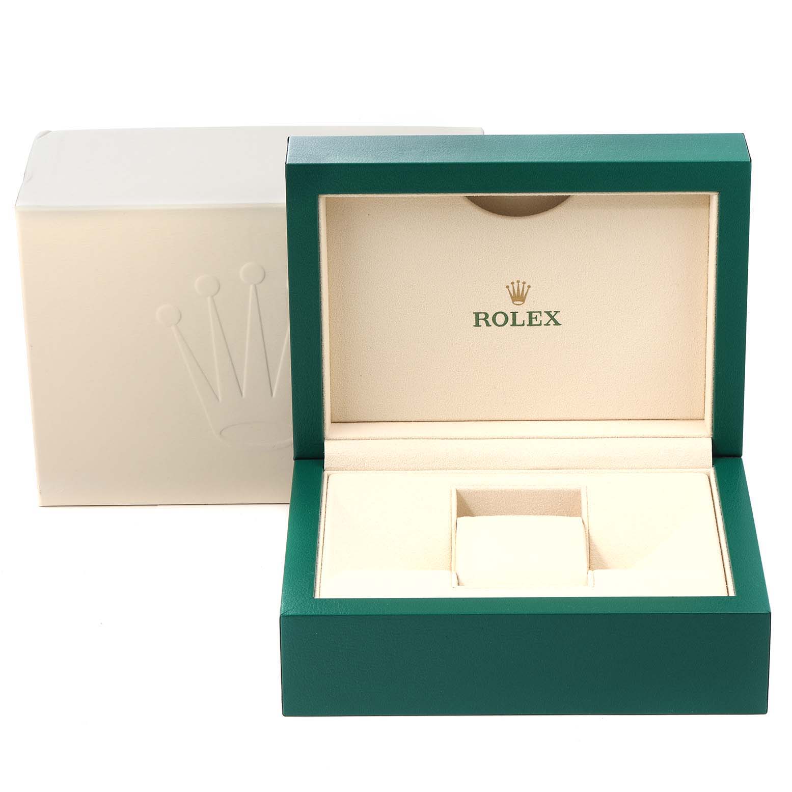 This image shows the open presentation box of a Rolex Datejust 179173 Women's Steel and Gold (two tone) Champagne Dial 179173 Women's Steel and Gold (two tone) Champagne Dial model, highlighting its interior compartments.