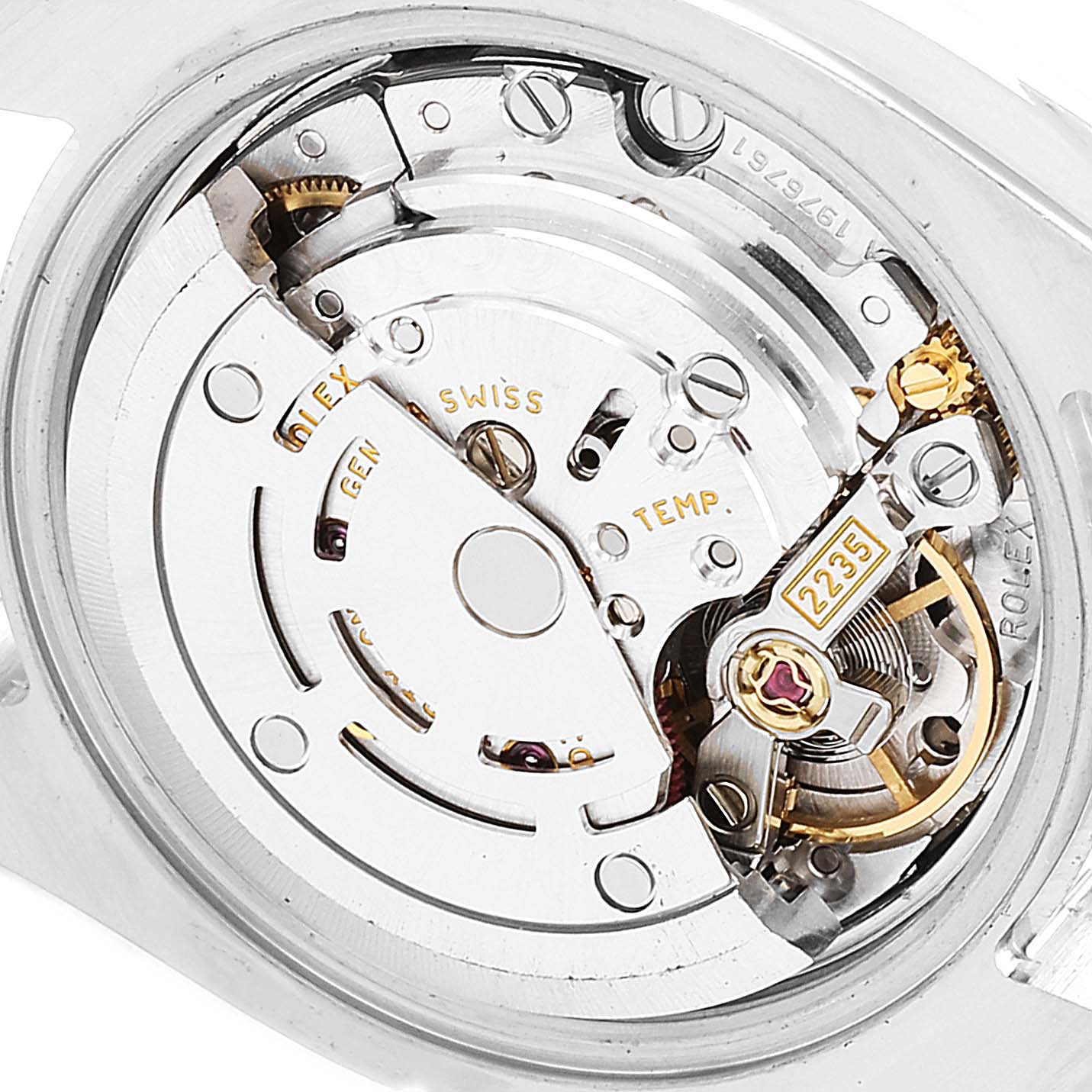 This is a close-up view of the movement inside a Rolex Datejust 179173 Women's Steel and Gold (two tone) Champagne Dial 179173 Women's Steel and Gold (two tone) Champagne Dial watch, showcasing its intricate mechanical components.