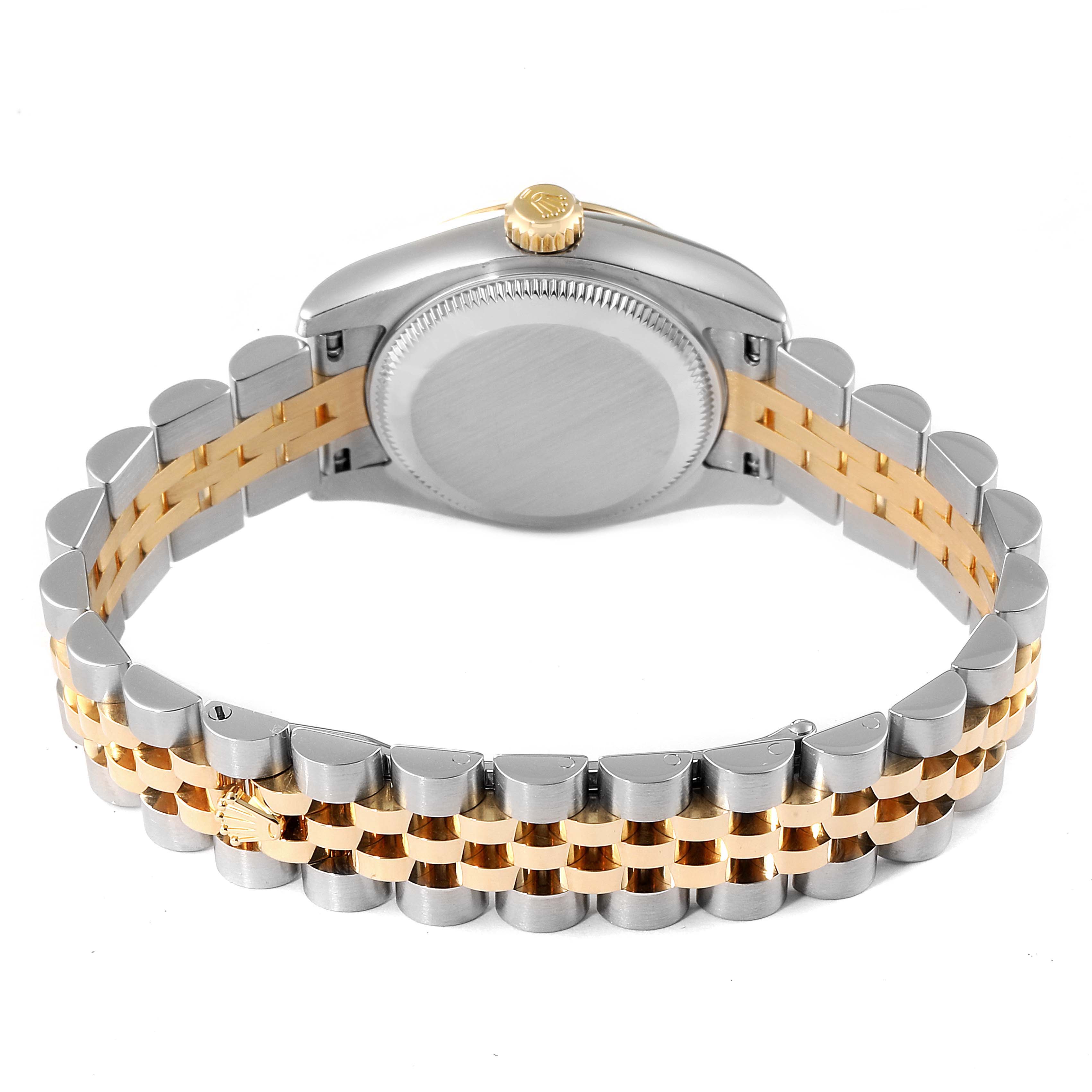 The image shows the back and bracelet of a Rolex Datejust 179173 Women's Steel and Gold (two tone) Champagne Dial 179173 Women's Steel and Gold (two tone) Champagne Dial watch, highlighting its two-tone metal design.