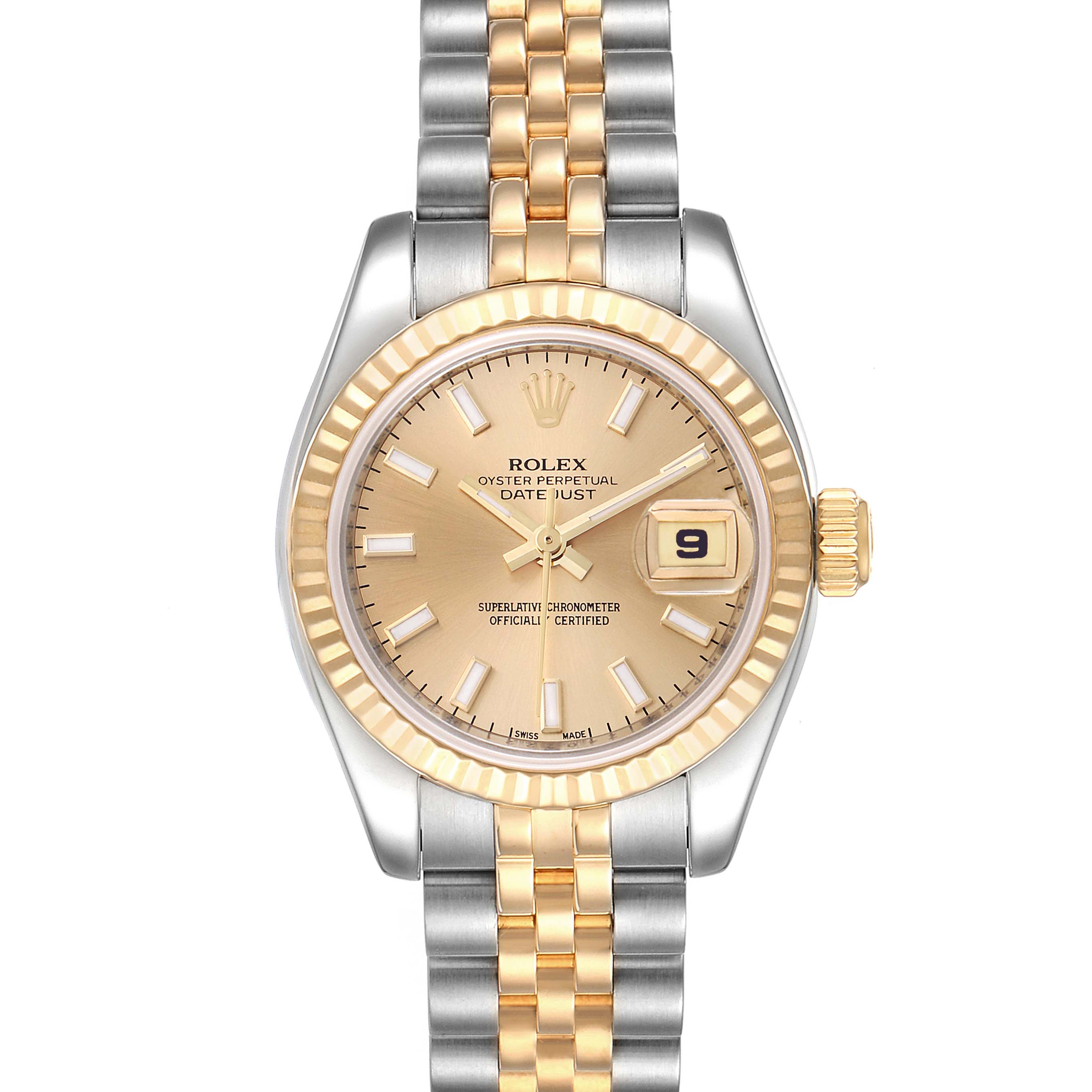 This Rolex Datejust 179173 Women's Steel and Gold (two tone) Champagne Dial 179173 Women's Steel and Gold (two tone) Champagne Dial watch is shown from a straight-on angle, displaying the dial, bezel, and part of the bracelet.