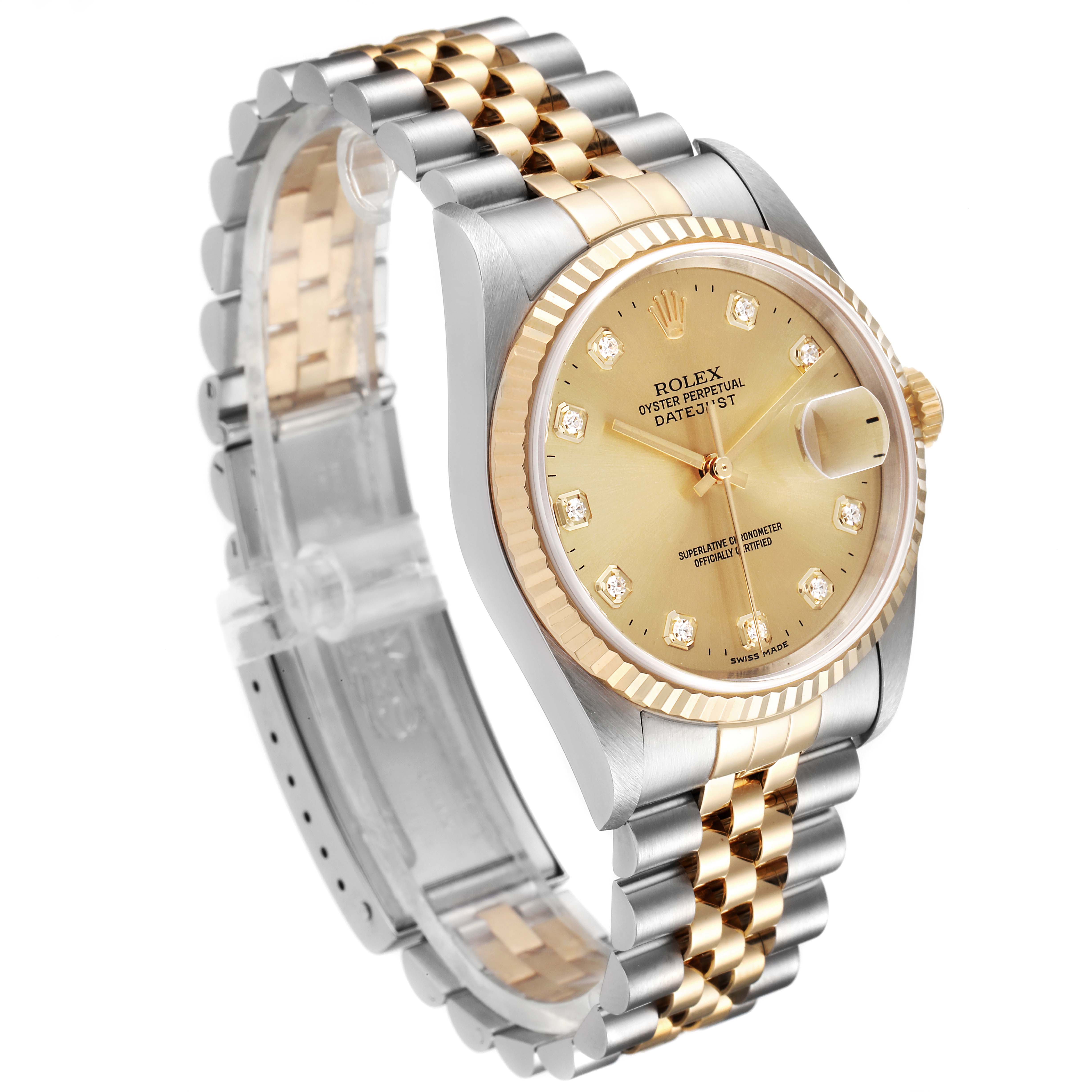 This Rolex Datejust 16233 Men's Steel and Gold (two tone) Champagne Dial 16233 Men's Steel and Gold (two tone) Champagne Dial model is shown at a slight angle, highlighting its gold dial, bezel, and two-tone bracelet.