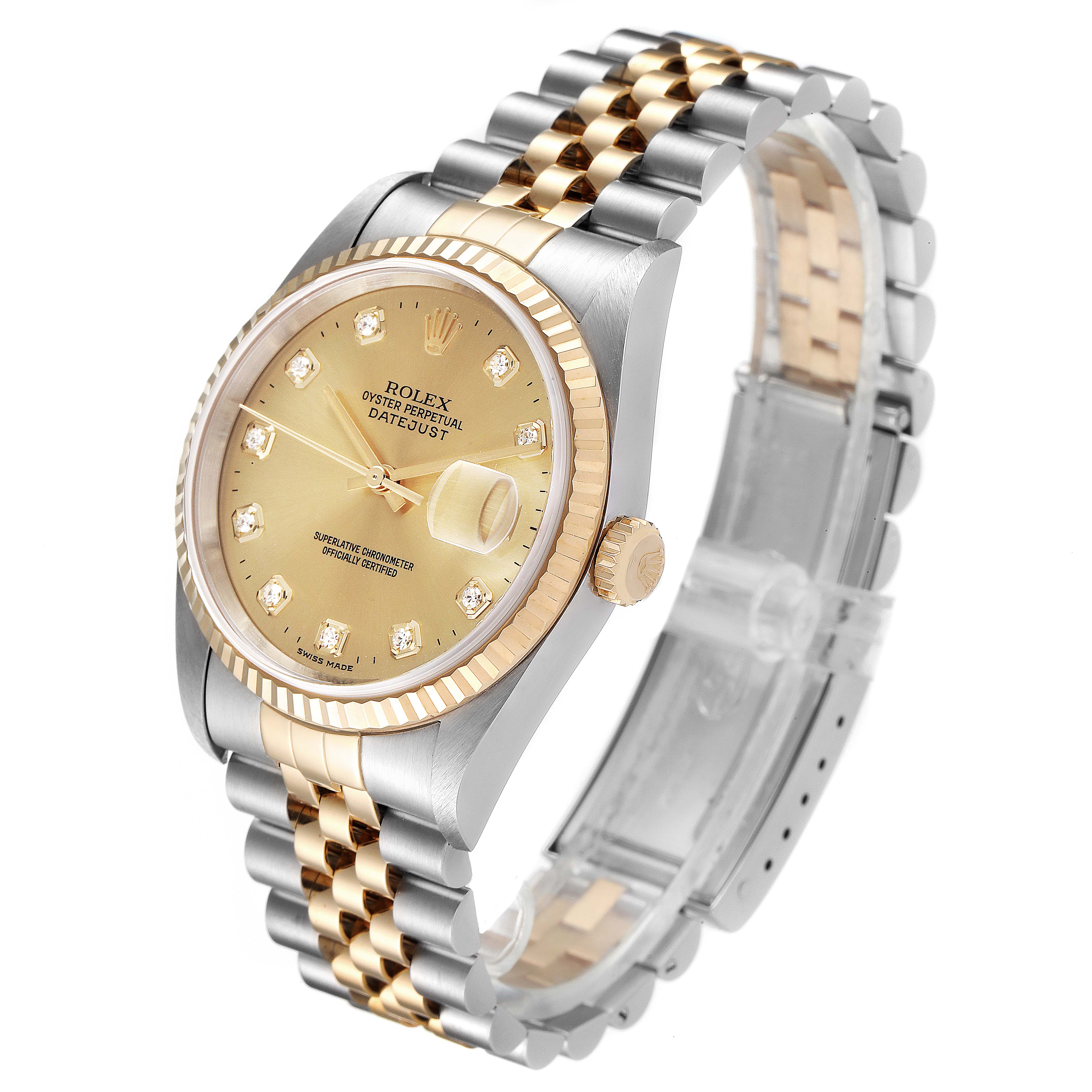 The Rolex Datejust 16233 Men's Steel and Gold (two tone) Champagne Dial 16233 Men's Steel and Gold (two tone) Champagne Dial watch is shown at a side angle, showcasing the gold dial, bezel, and two-tone bracelet.
