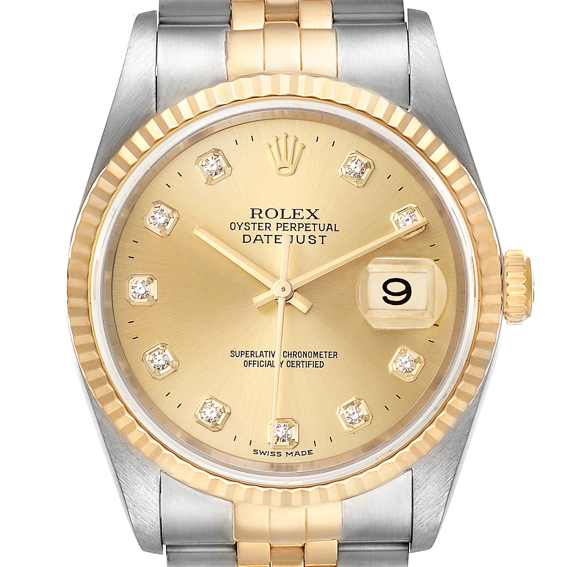 This image shows a face-on view of the Rolex Datejust 16233 Men's Steel and Gold (two tone) Champagne Dial 16233 Men's Steel and Gold (two tone) Champagne Dial model, displaying the dial, hands, date, bezel, and part of the bracelet.