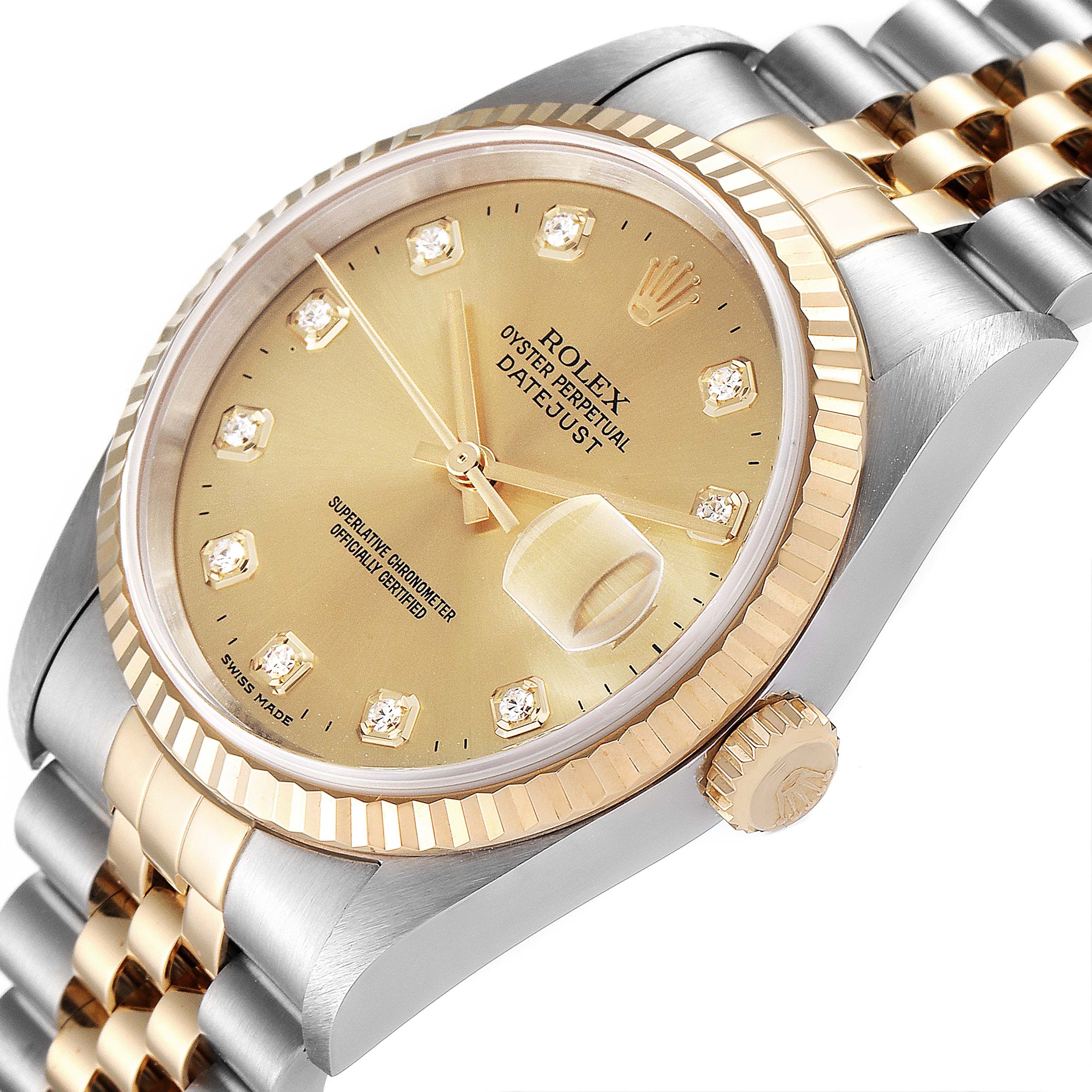 The image shows a close-up, angled view of the Rolex Datejust 16233 Men's Steel and Gold (two tone) Champagne Dial 16233 Men's Steel and Gold (two tone) Champagne Dial watch, highlighting the dial, bezel, and part of the bracelet.