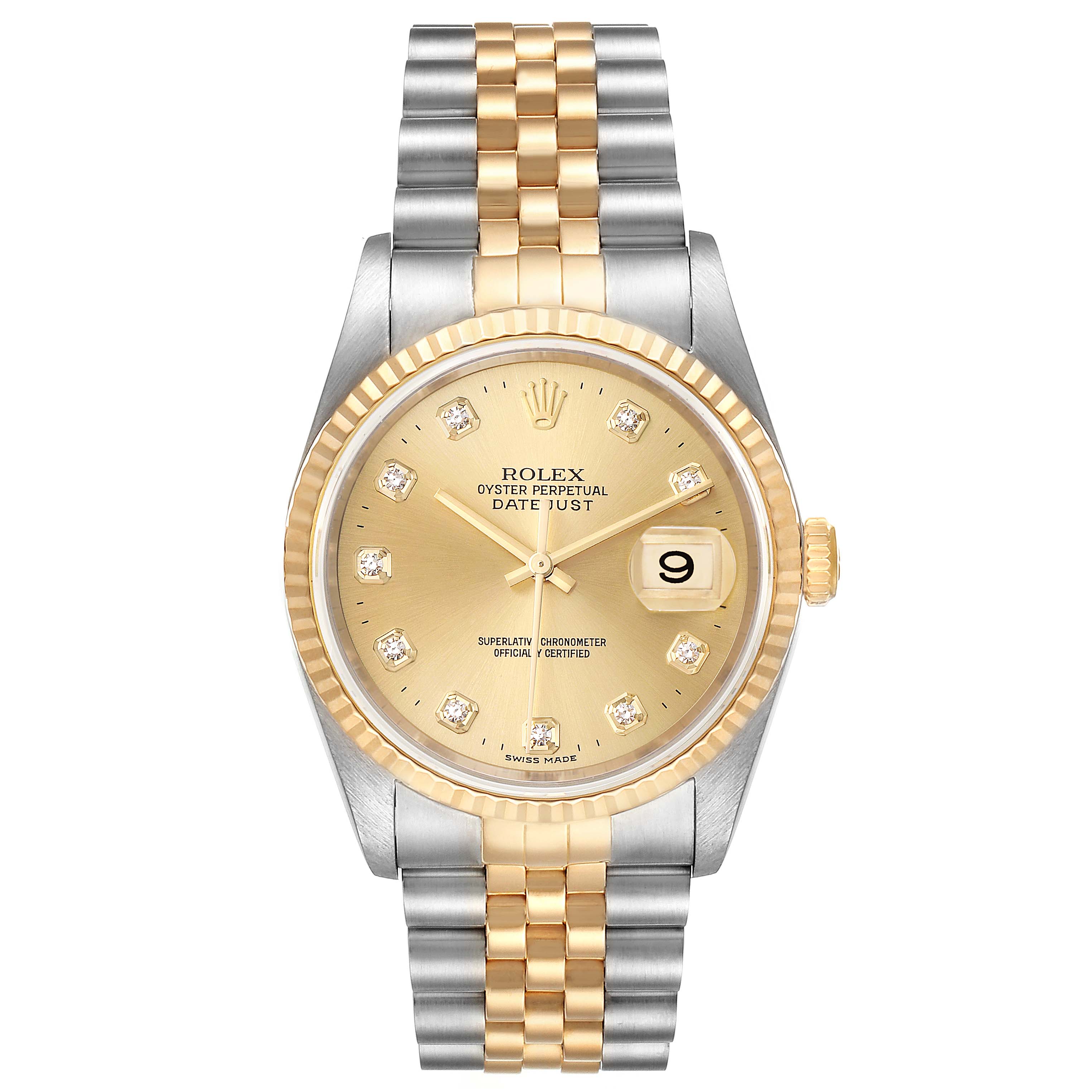 The image shows a front view of a Rolex Datejust 16233 Men's Steel and Gold (two tone) Champagne Dial 16233 Men's Steel and Gold (two tone) Champagne Dial watch, displaying the bezel, dial, hands, date, and two-tone bracelet.