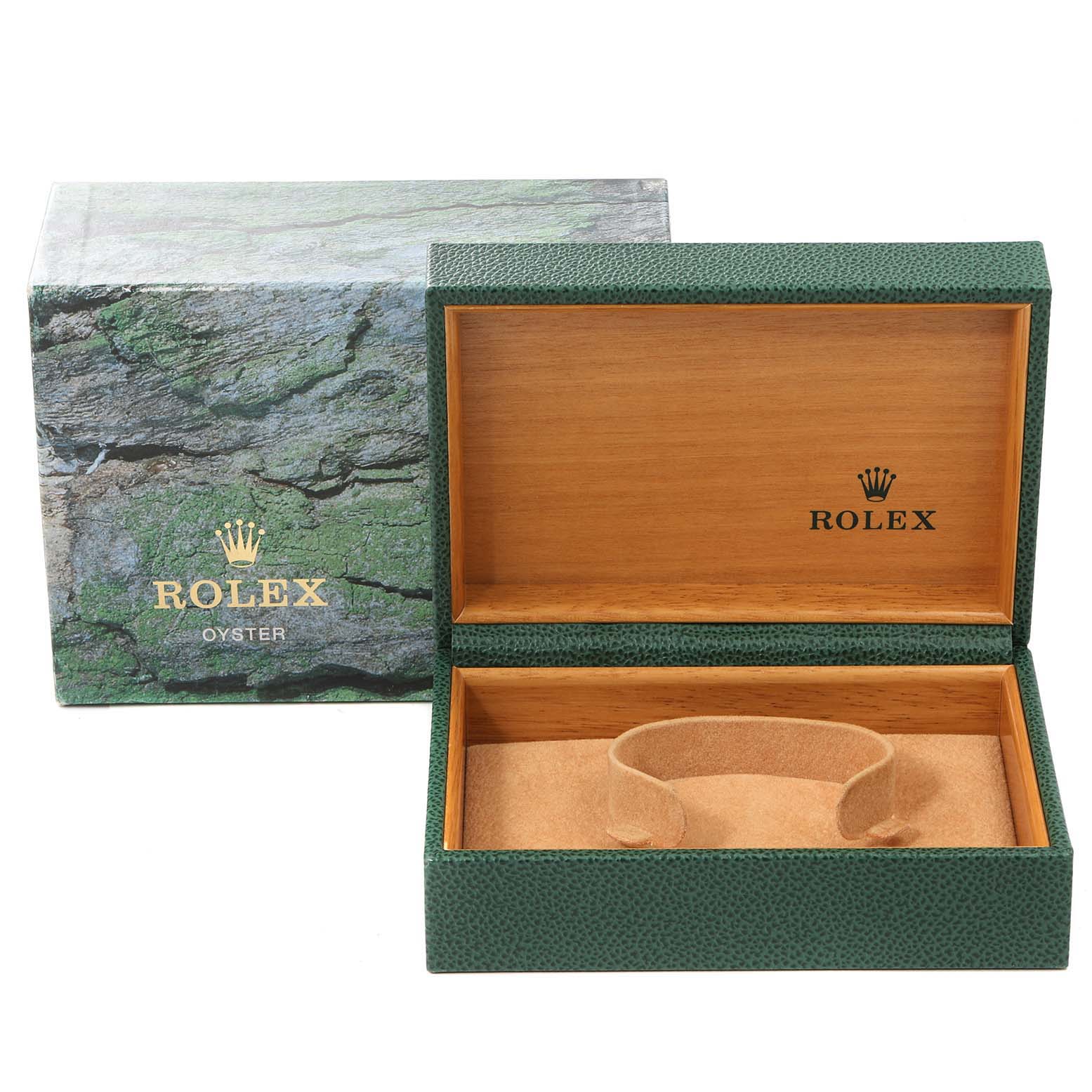 The image shows an open Rolex Datejust 16233 Men's Steel and Gold (two tone) Champagne Dial 16233 Men's Steel and Gold (two tone) Champagne Dial green and wooden watch box with the Rolex logo visible, alongside its outer packaging.