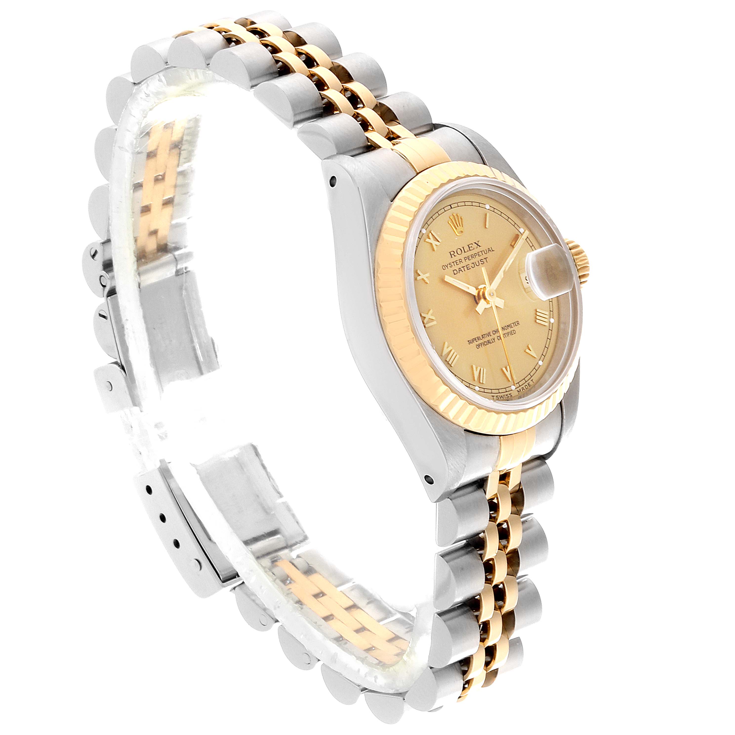 The image shows a side-angle view of the Rolex Datejust 69173 Women's Steel and Gold (two tone) Champagne Dial 69173 Women's Steel and Gold (two tone) Champagne Dial model, displaying the dial, bezel, and partial bracelet.