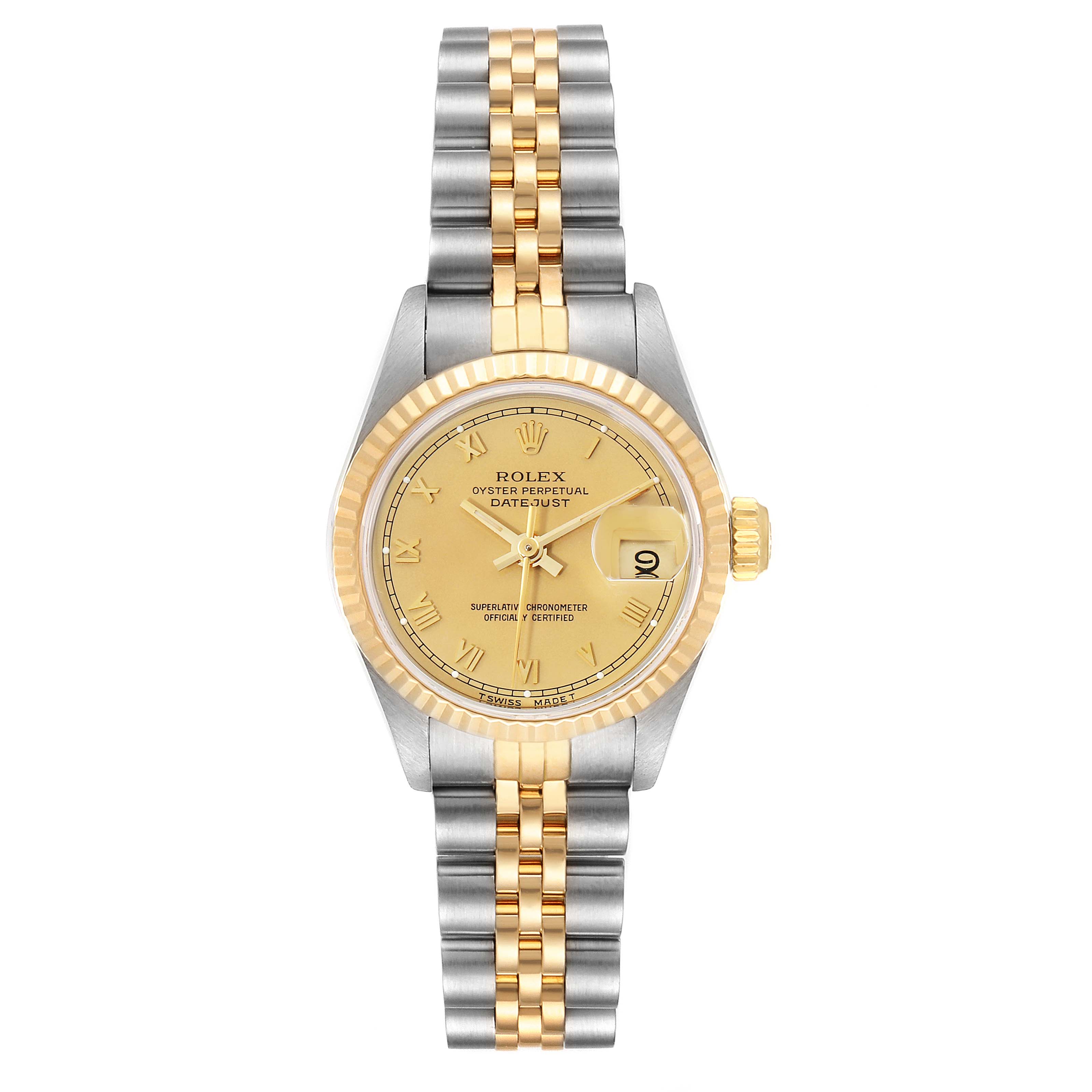 The image shows a front view of the Rolex Datejust 69173 Women's Steel and Gold (two tone) Champagne Dial 69173 Women's Steel and Gold (two tone) Champagne Dial watch, displaying the dial, bezel, and bracelet.
