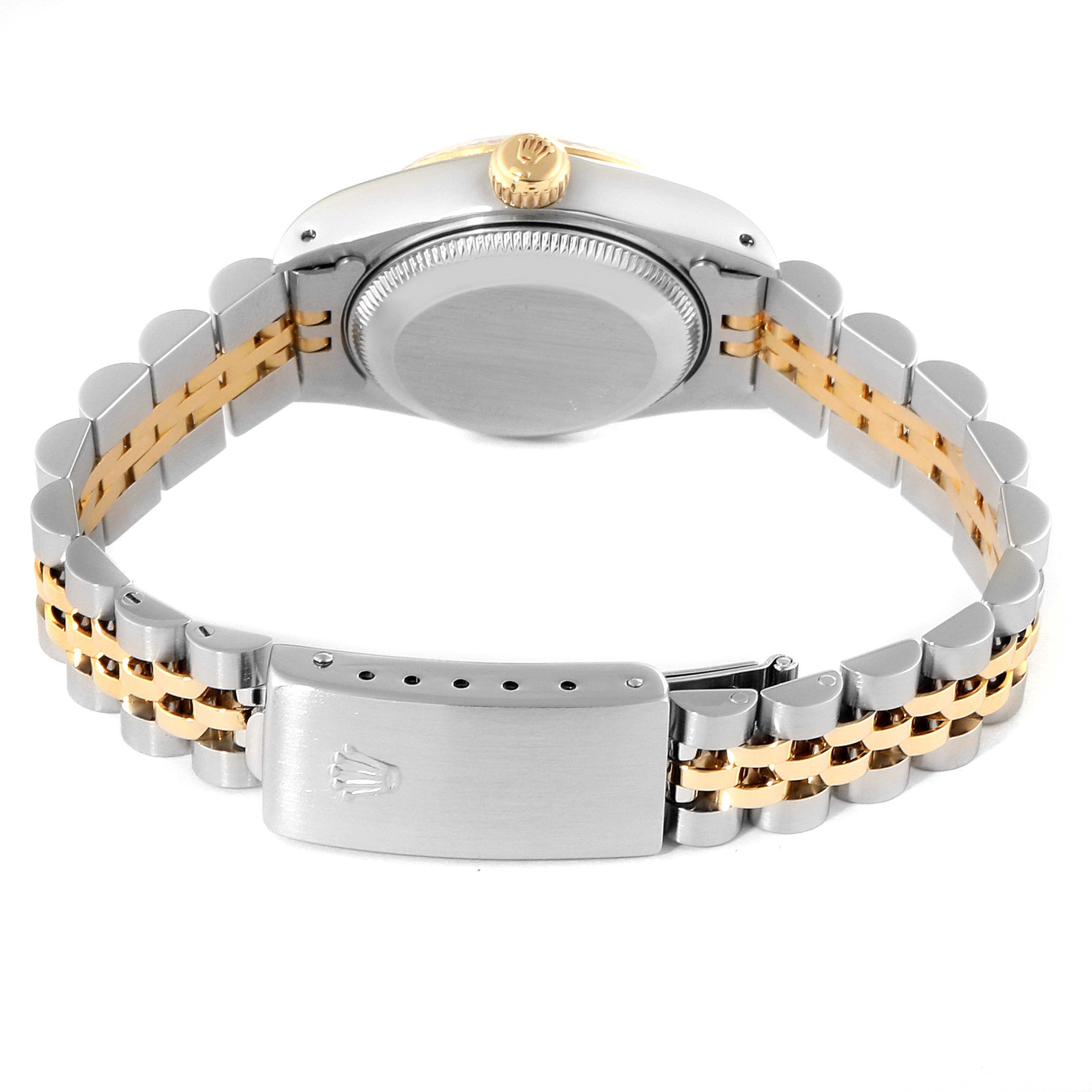 The image shows the back view of the Rolex Datejust 69173 Women's Steel and Gold (two tone) Champagne Dial 69173 Women's Steel and Gold (two tone) Champagne Dial watch, highlighting its jubilee bracelet and clasp.