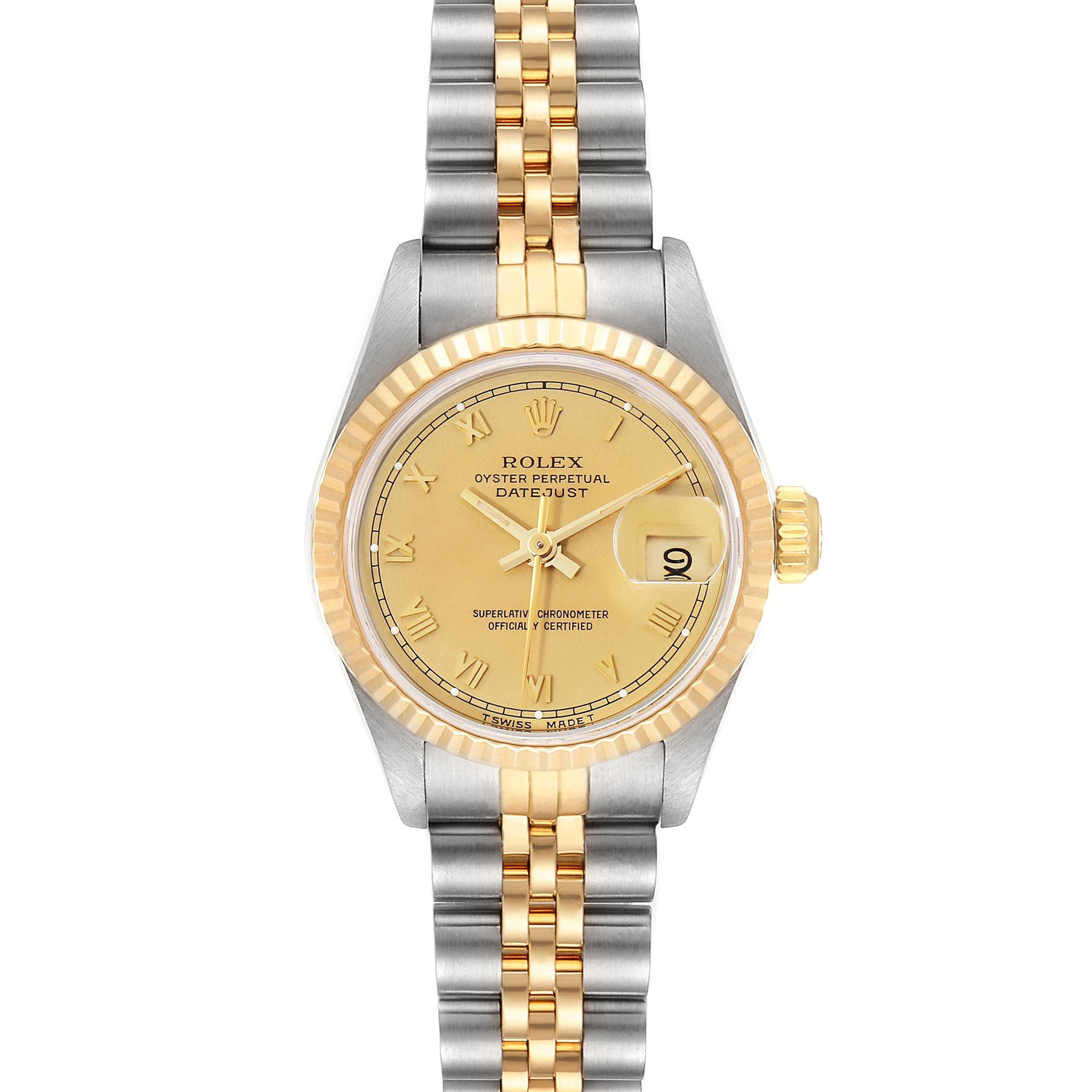 The image shows a front view of the Rolex Datejust 69173 Women's Steel and Gold (two tone) Champagne Dial 69173 Women's Steel and Gold (two tone) Champagne Dial model watch, highlighting its two-tone bracelet and gold dial.