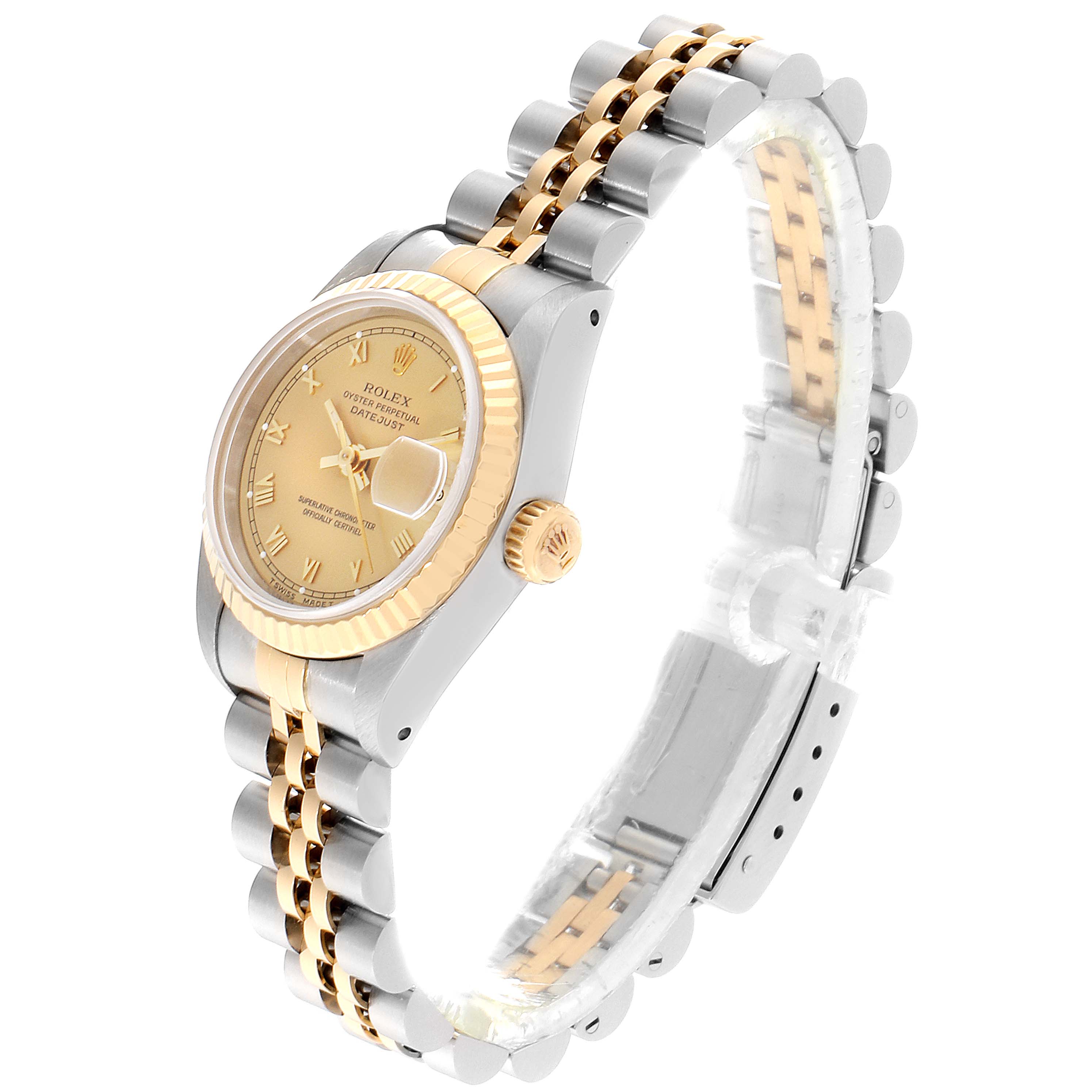 This Rolex Datejust 69173 Women's Steel and Gold (two tone) Champagne Dial 69173 Women's Steel and Gold (two tone) Champagne Dial watch is shown from a side angle displaying its gold dial, jubilee bracelet, and fluted bezel.