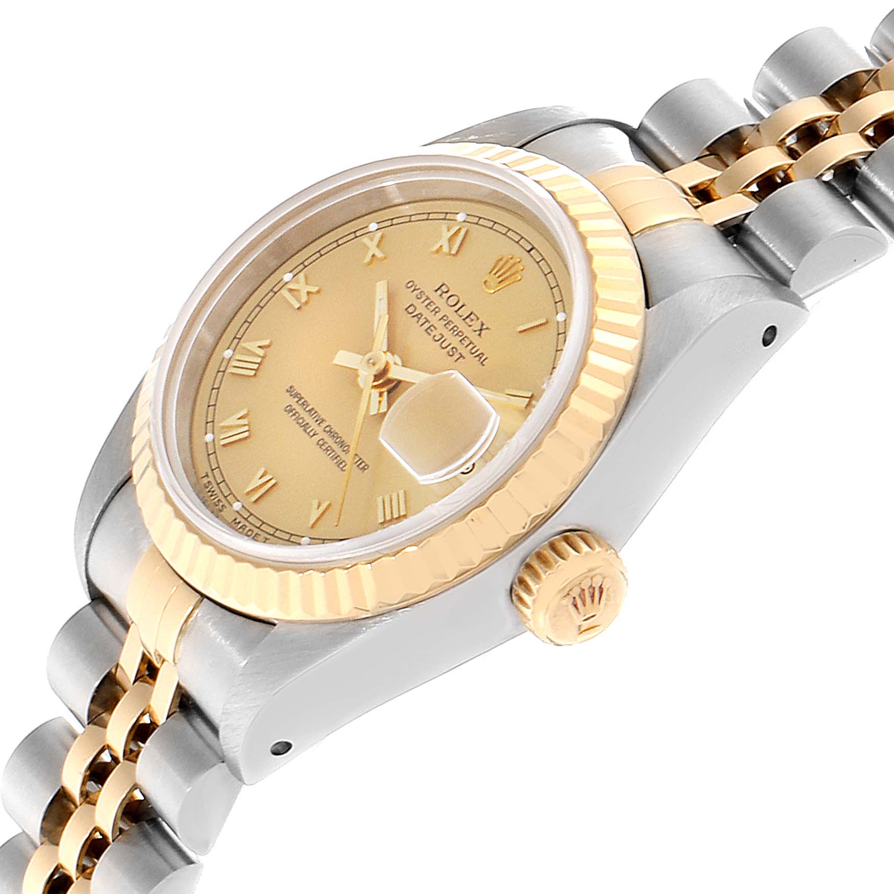 This image shows a Rolex Datejust 69173 Women's Steel and Gold (two tone) Champagne Dial 69173 Women's Steel and Gold (two tone) Champagne Dial watch from an angled side view, highlighting the dial, bezel, crown, and part of the bracelet.