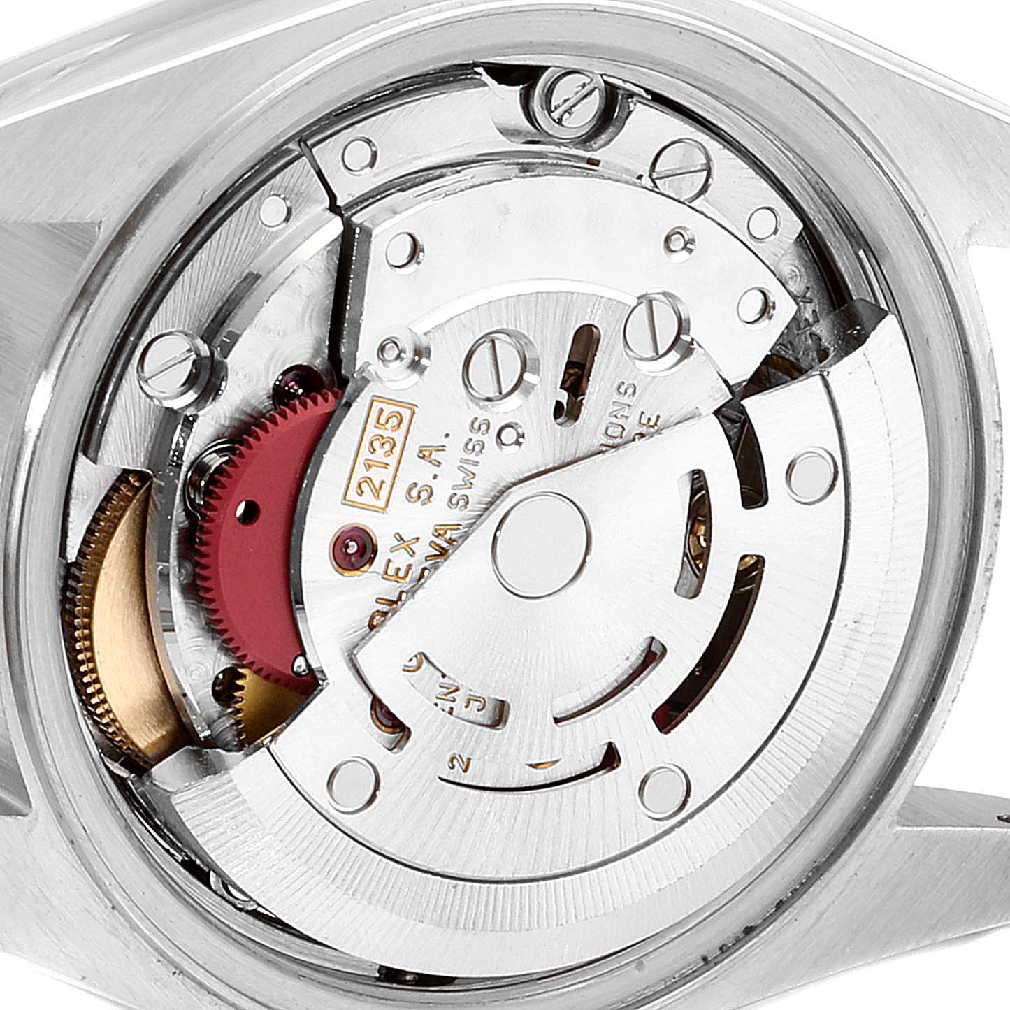 The image shows the back view of a Rolex Datejust 69173 Women's Steel and Gold (two tone) Champagne Dial 69173 Women's Steel and Gold (two tone) Champagne Dial movement, revealing internal gears and components.