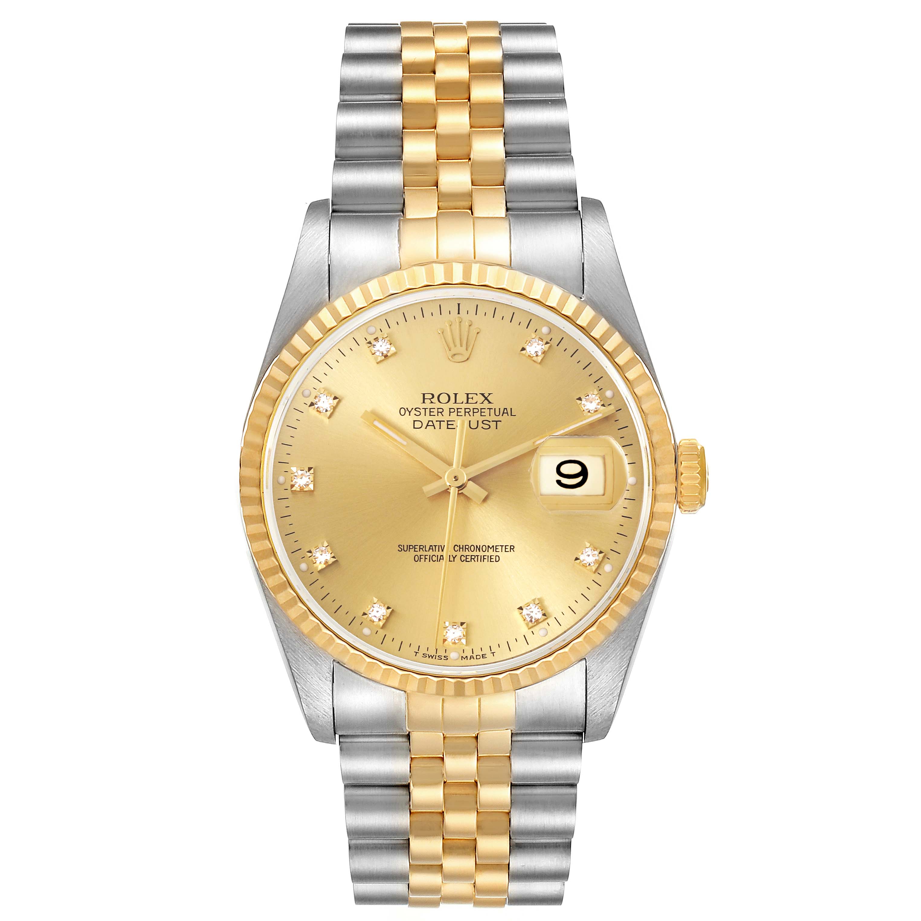 The Rolex Datejust 16233 Men's Steel and Gold (two tone) Champagne Dial 16233 Men's Steel and Gold (two tone) Champagne Dial watch is shown from the front, highlighting the dial, bezel, and two-tone jubilee bracelet.