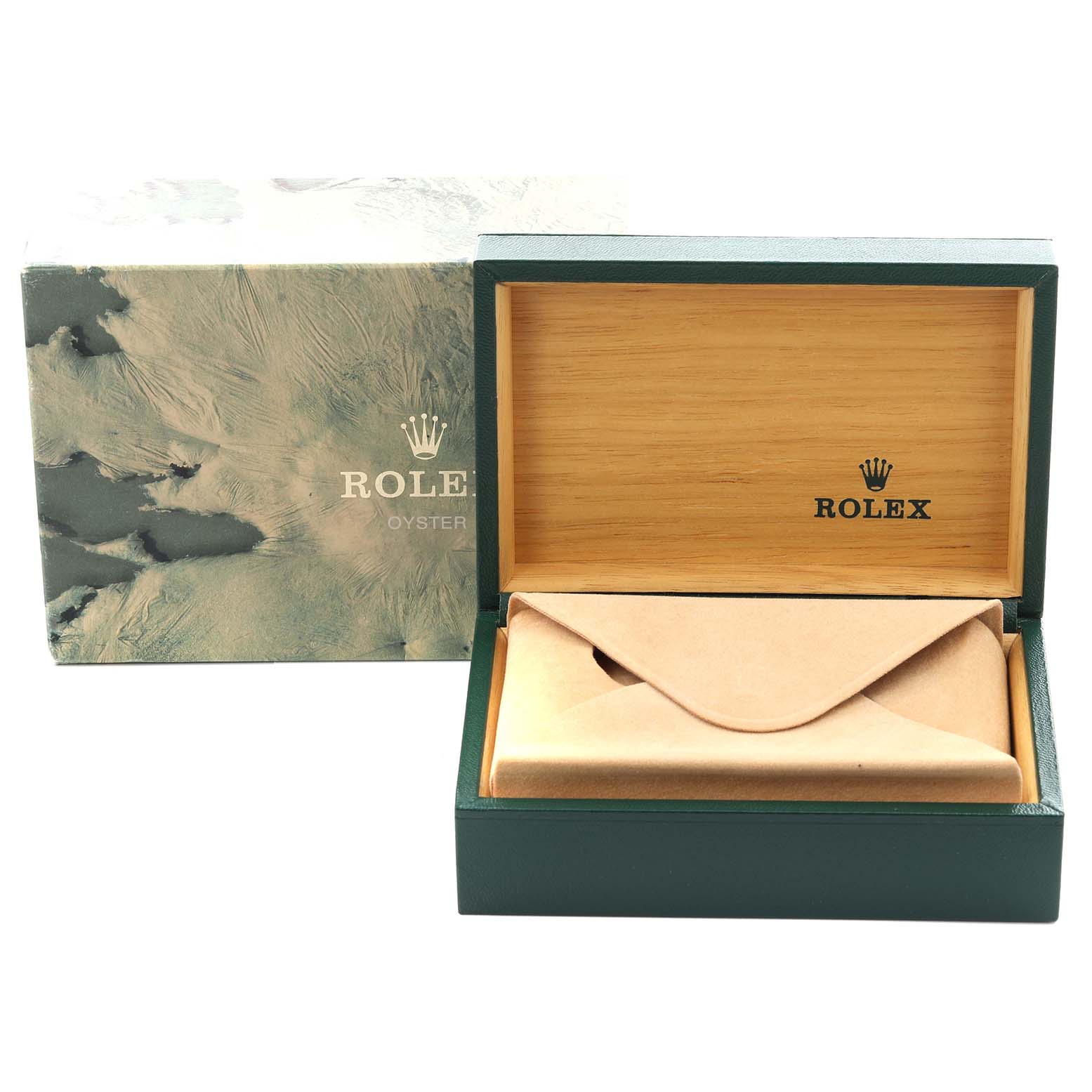 The image shows a Rolex Datejust 16233 Men's Steel and Gold (two tone) Champagne Dial 16233 Men's Steel and Gold (two tone) Champagne Dial box and packaging, highlighting the open watch box with a pouch inside.