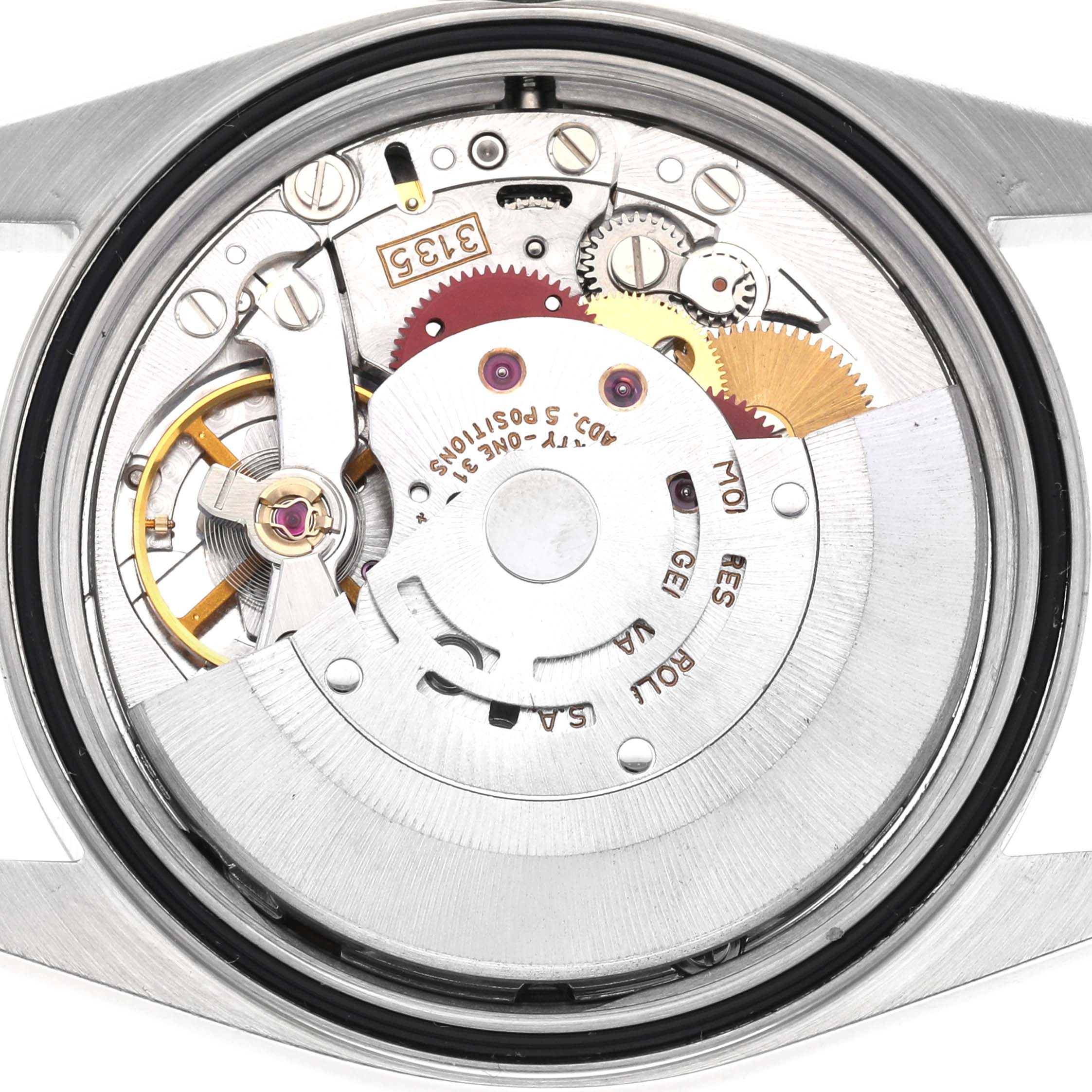 The image shows the movement mechanism of a Rolex Datejust 16233 Men's Steel and Gold (two tone) Champagne Dial 16233 Men's Steel and Gold (two tone) Champagne Dial watch from a top-down perspective.
