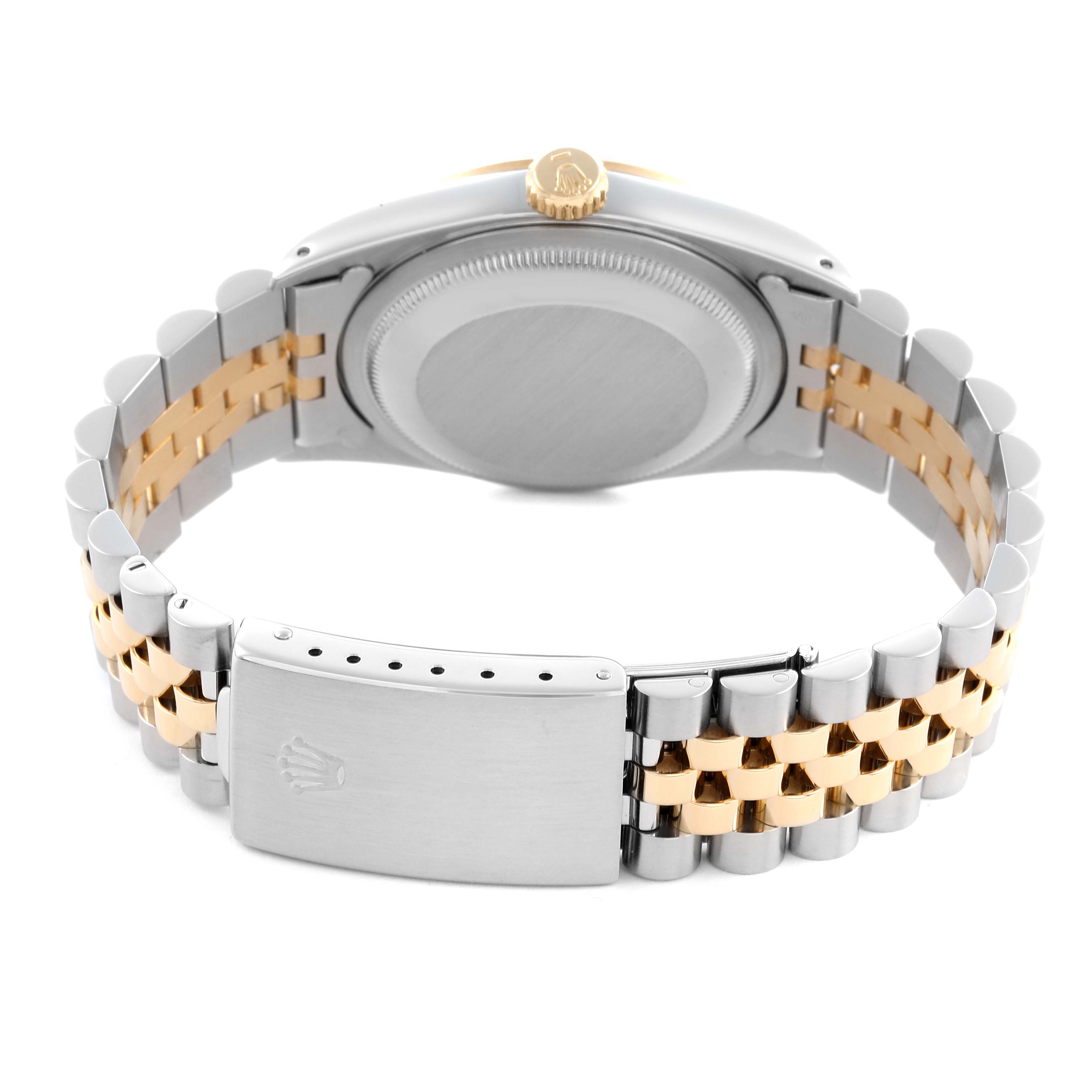 The image shows the back view of a Rolex Datejust 16233 Men's Steel and Gold (two tone) Champagne Dial 16233 Men's Steel and Gold (two tone) Champagne Dial watch, highlighting the bracelet and clasp.