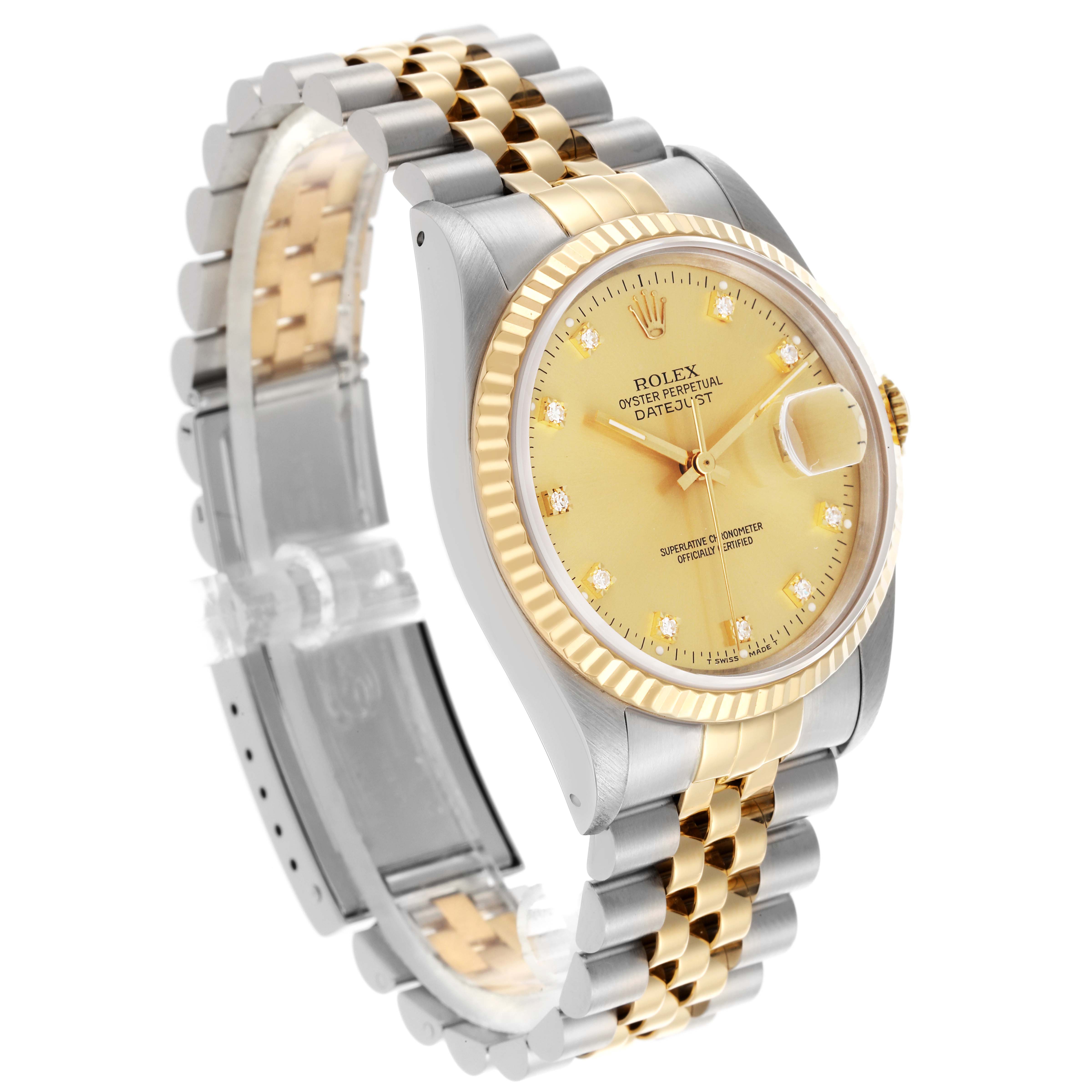 The Rolex Datejust 16233 Men's Steel and Gold (two tone) Champagne Dial 16233 Men's Steel and Gold (two tone) Champagne Dial watch is shown at a three-quarter angle, highlighting the face, bezel, and two-tone bracelet.