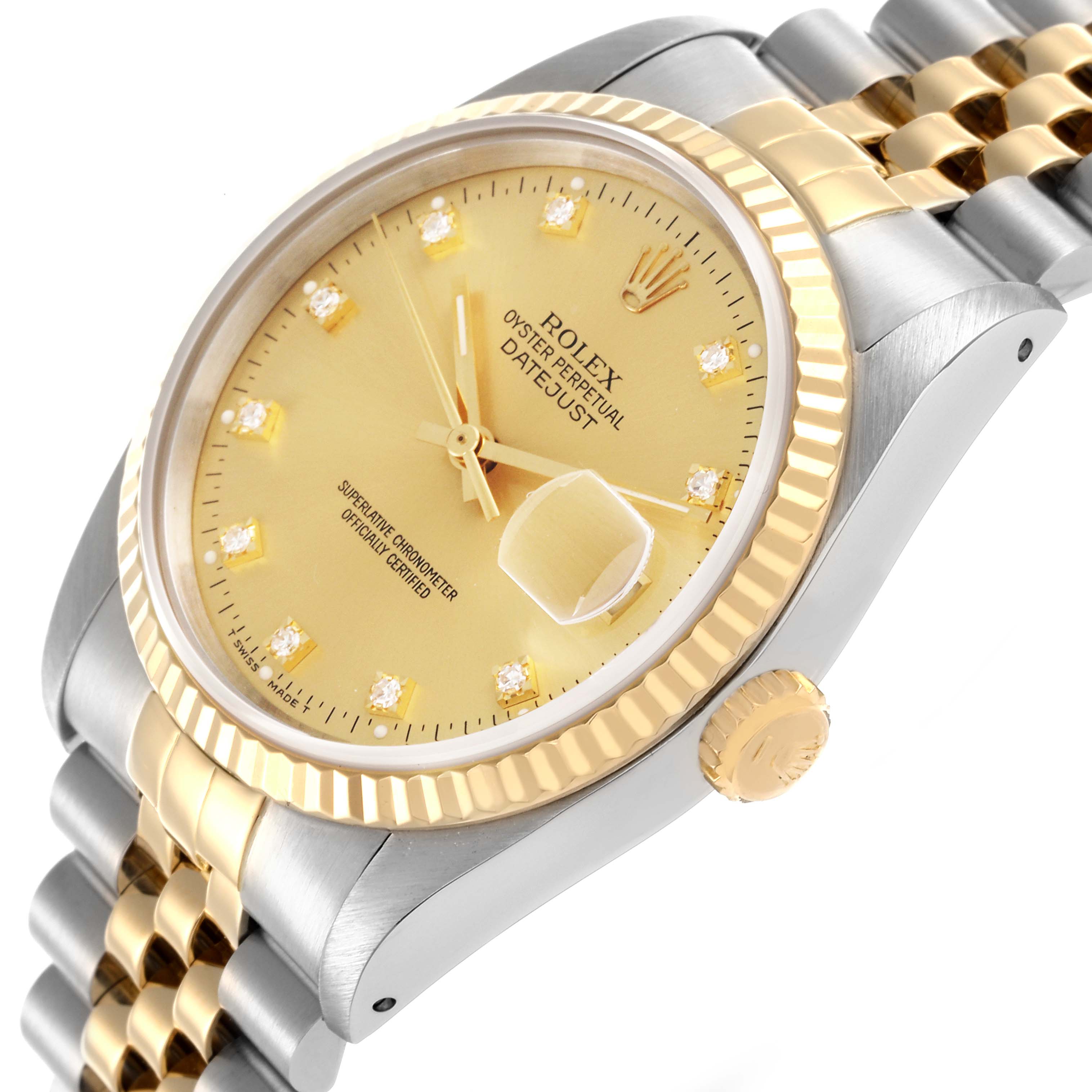 The Rolex Datejust 16233 Men's Steel and Gold (two tone) Champagne Dial 16233 Men's Steel and Gold (two tone) Champagne Dial watch is shown at an angled view, highlighting the bezel, dial, crown, and part of the bracelet.