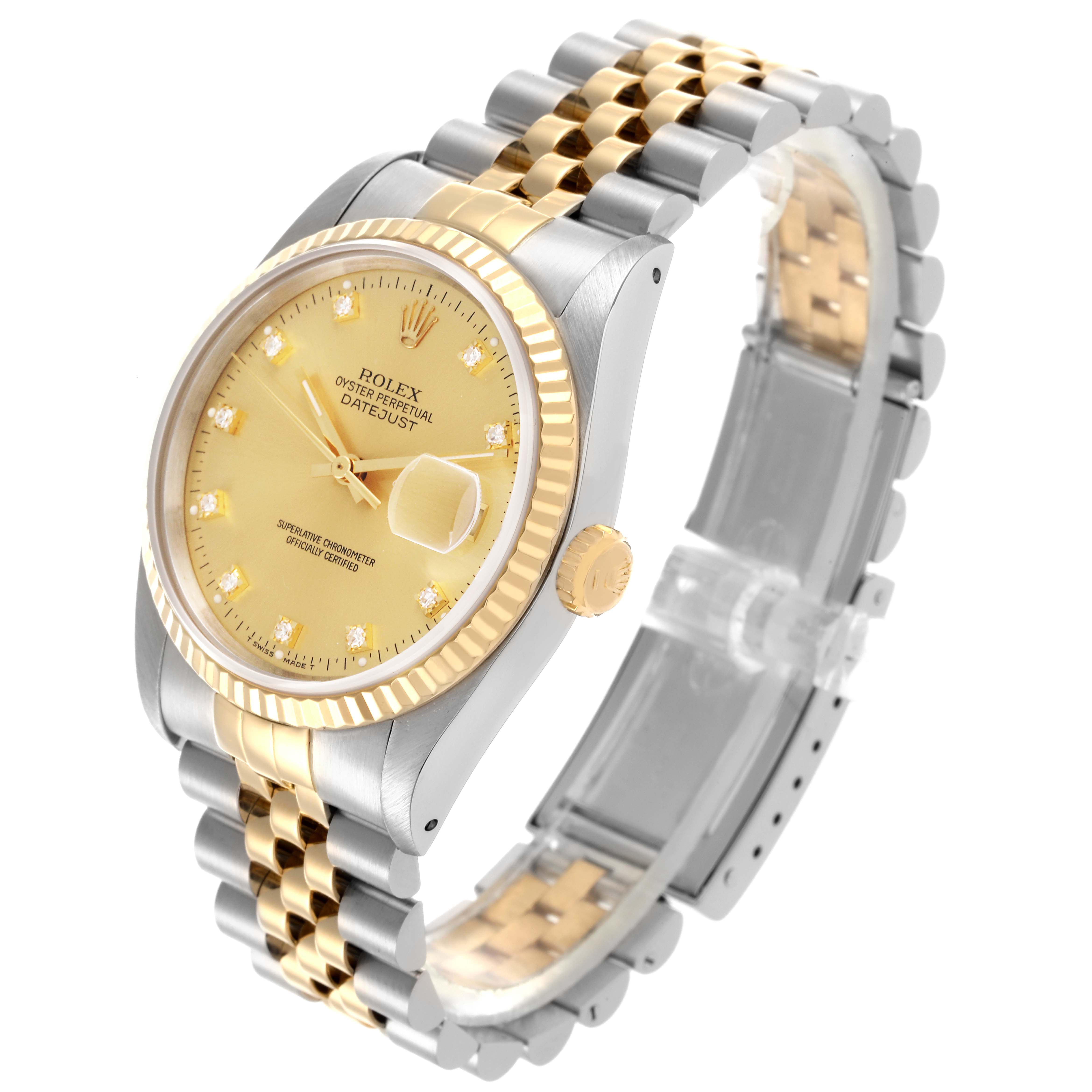 The Rolex Datejust 16233 Men's Steel and Gold (two tone) Champagne Dial 16233 Men's Steel and Gold (two tone) Champagne Dial watch is shown at an angled side view, highlighting the dial, bezel, crown, and bracelet.