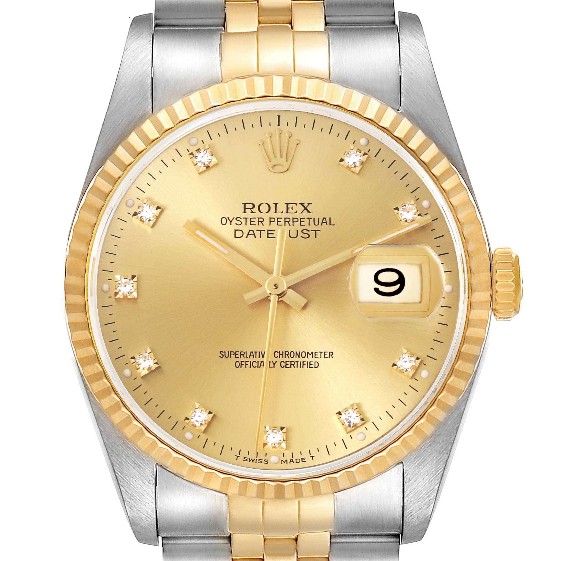The Rolex Datejust 16233 Men's Steel and Gold (two tone) Champagne Dial 16233 Men's Steel and Gold (two tone) Champagne Dial watch is shown from the front, displaying its gold dial, fluted bezel, and part of the two-tone bracelet.