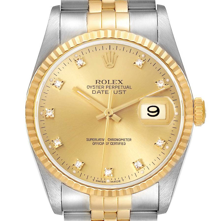 The Rolex Datejust watch is shown from the front, displaying its gold dial, fluted bezel, and part of the two-tone bracelet.