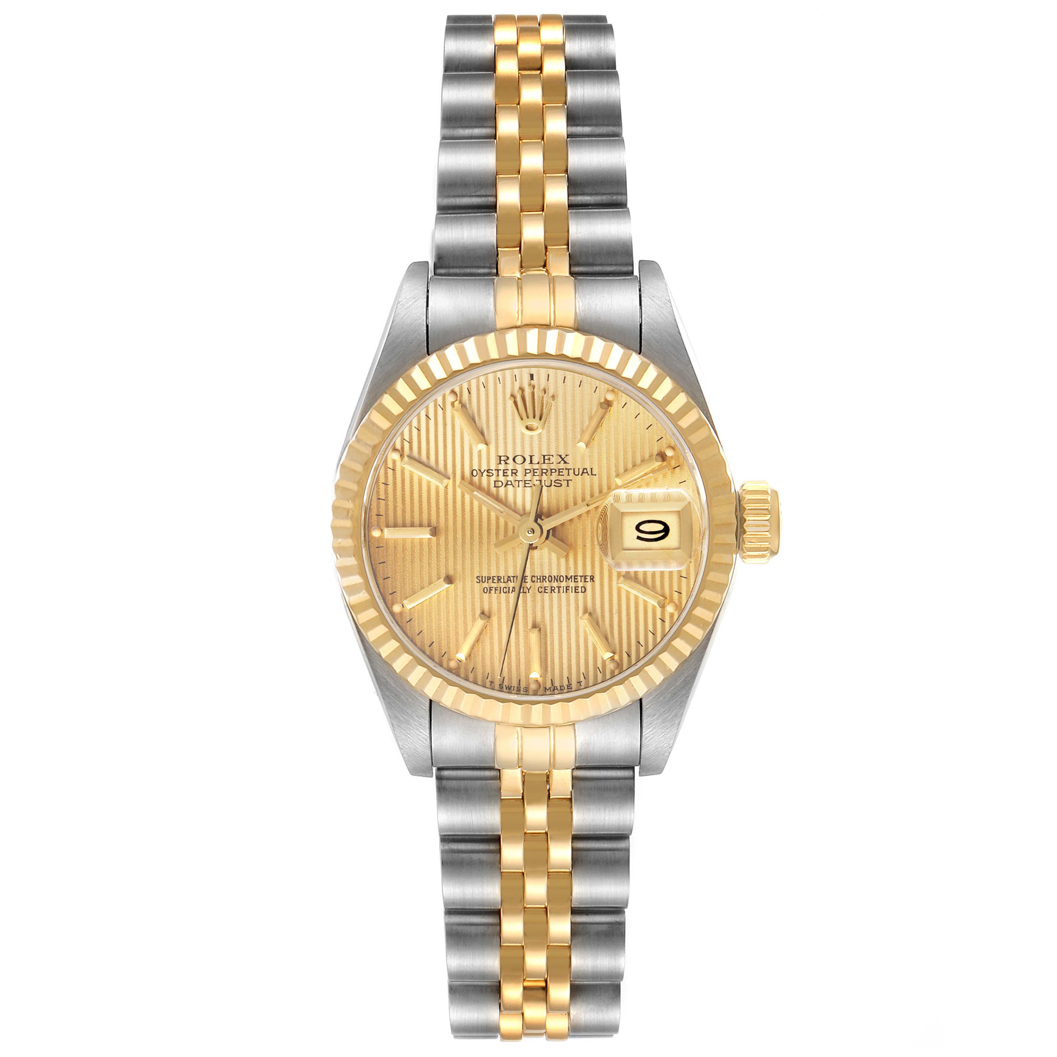 The Rolex Datejust 69173 Women's Steel and Gold (two tone) Champagne Dial 69173 Women's Steel and Gold (two tone) Champagne Dial watch is shown from the front, displaying its gold dial, fluted bezel, and two-tone bracelet.