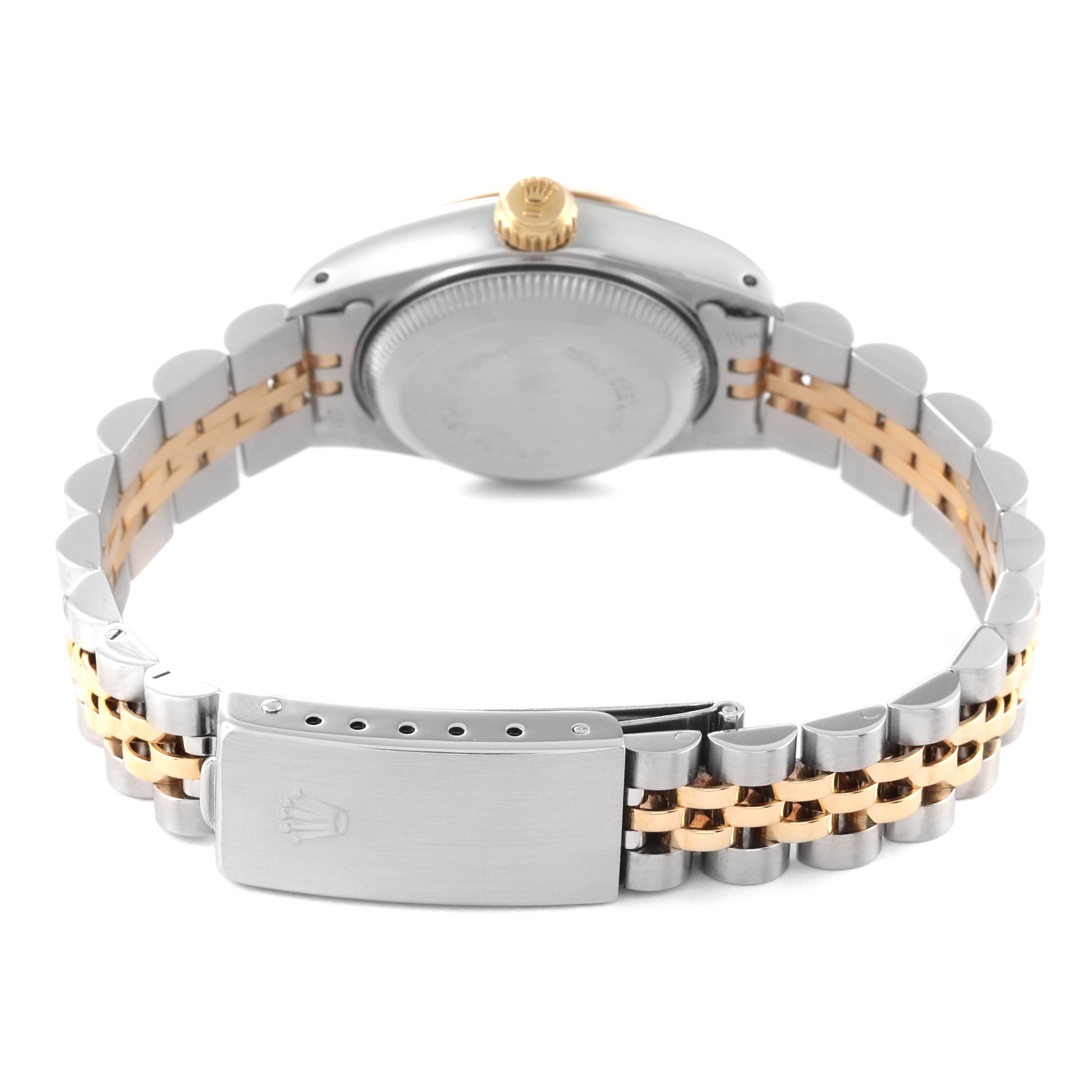 This image shows the back view of a Rolex Datejust 69173 Women's Steel and Gold (two tone) Champagne Dial 69173 Women's Steel and Gold (two tone) Champagne Dial watch, highlighting its clasp, case back, and two-tone bracelet.
