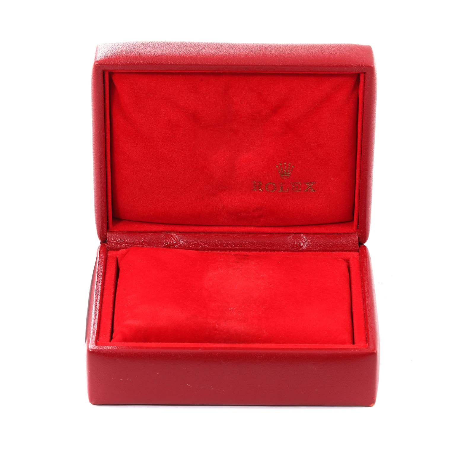 This is a red Rolex Datejust 69173 Women's Steel and Gold (two tone) Champagne Dial 69173 Women's Steel and Gold (two tone) Champagne Dial watch box shown from the front with its lid open.