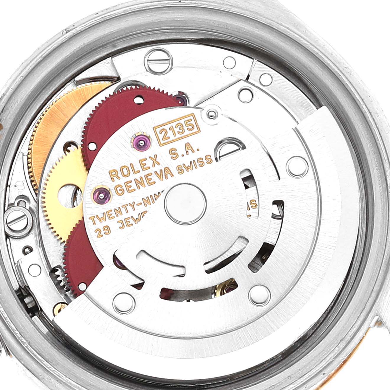 This is an internal view showing the movement mechanism of a Rolex Datejust 69173 Women's Steel and Gold (two tone) Champagne Dial 69173 Women's Steel and Gold (two tone) Champagne Dial watch.
