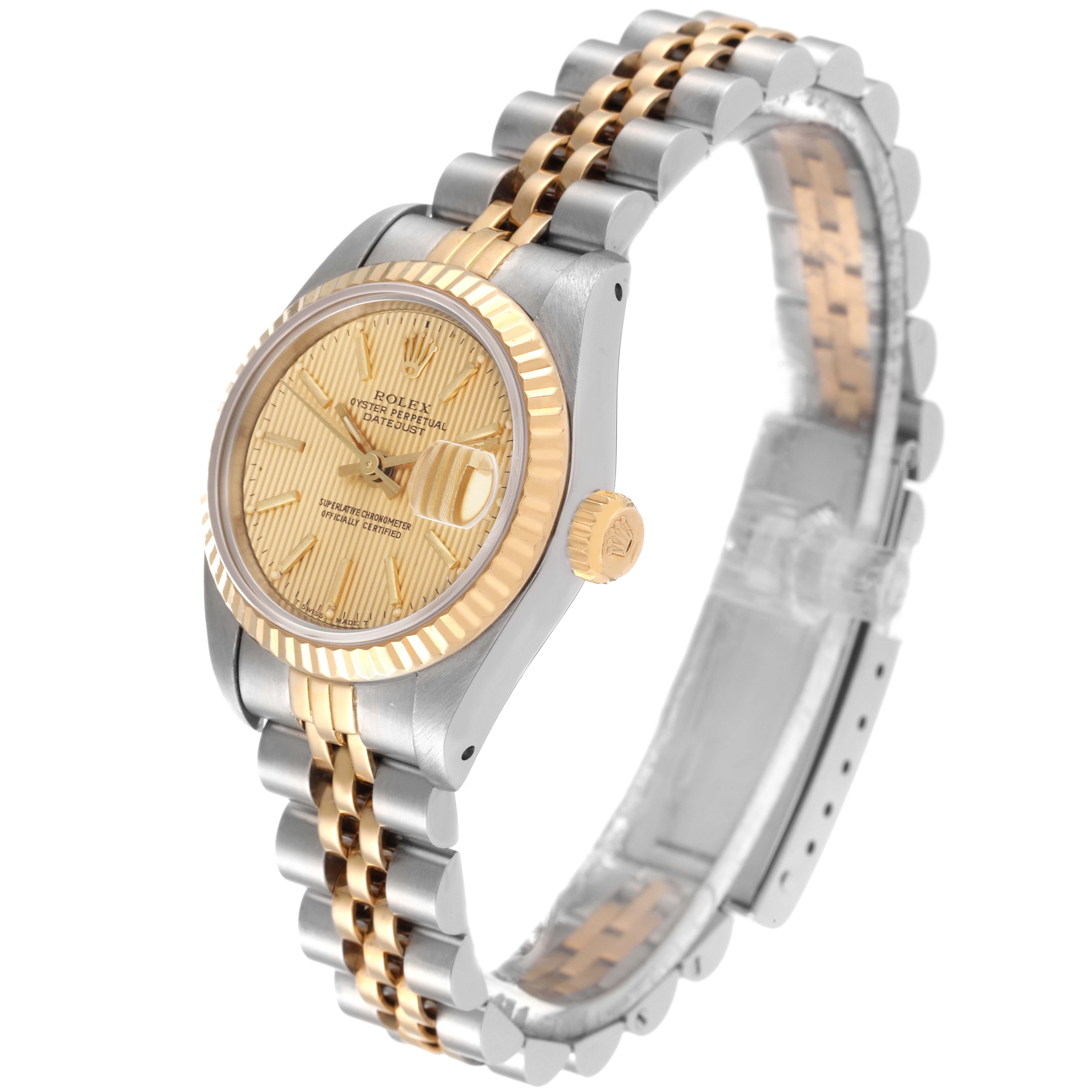 The angled view displays the face, bezel, crown, and bracelet of the Rolex Datejust 69173 Women's Steel and Gold (two tone) Champagne Dial 69173 Women's Steel and Gold (two tone) Champagne Dial watch.