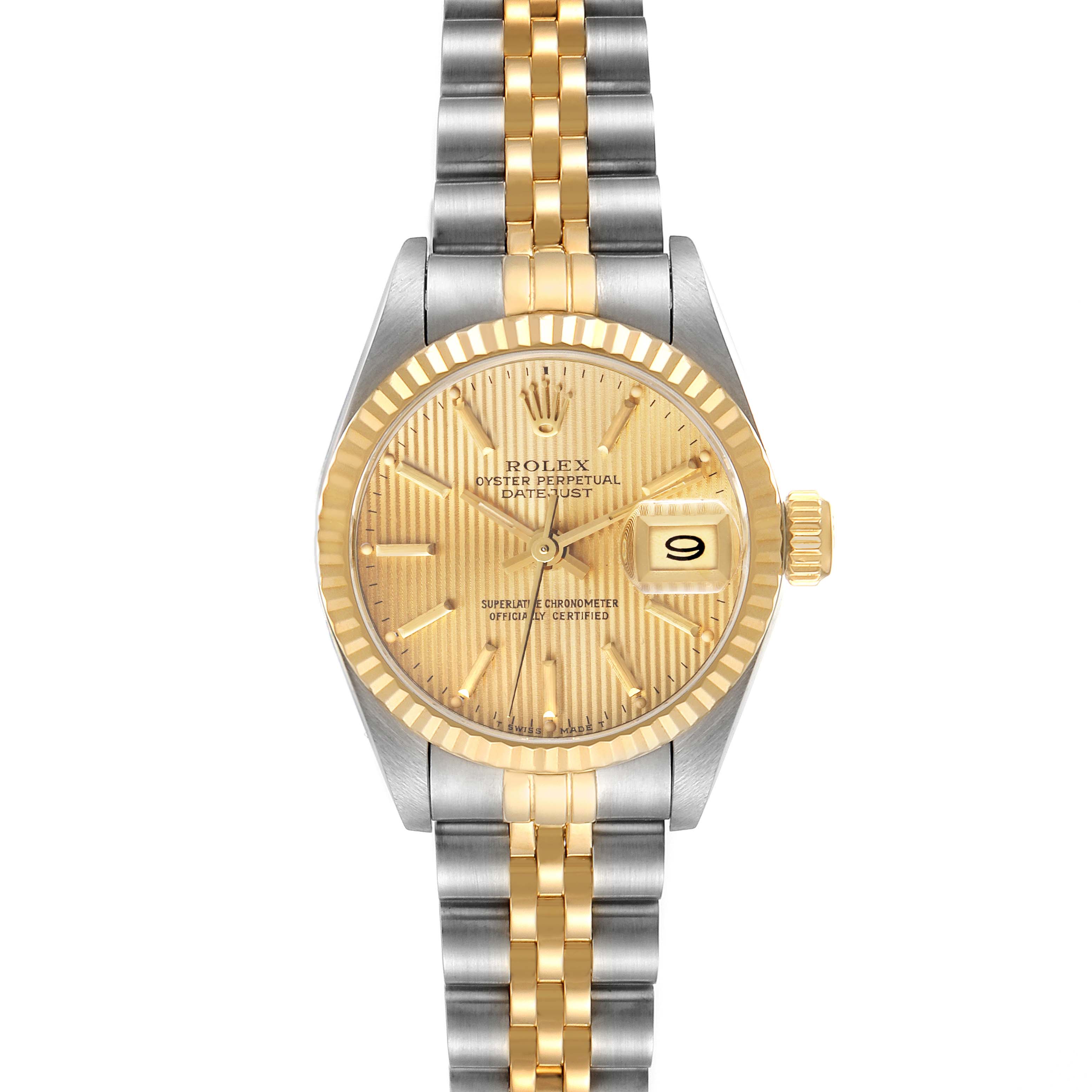 The Rolex Datejust 69173 Women's Steel and Gold (two tone) Champagne Dial 69173 Women's Steel and Gold (two tone) Champagne Dial watch is shown from a top-down angle, displaying its face, bezel, crown, and part of its two-tone bracelet.