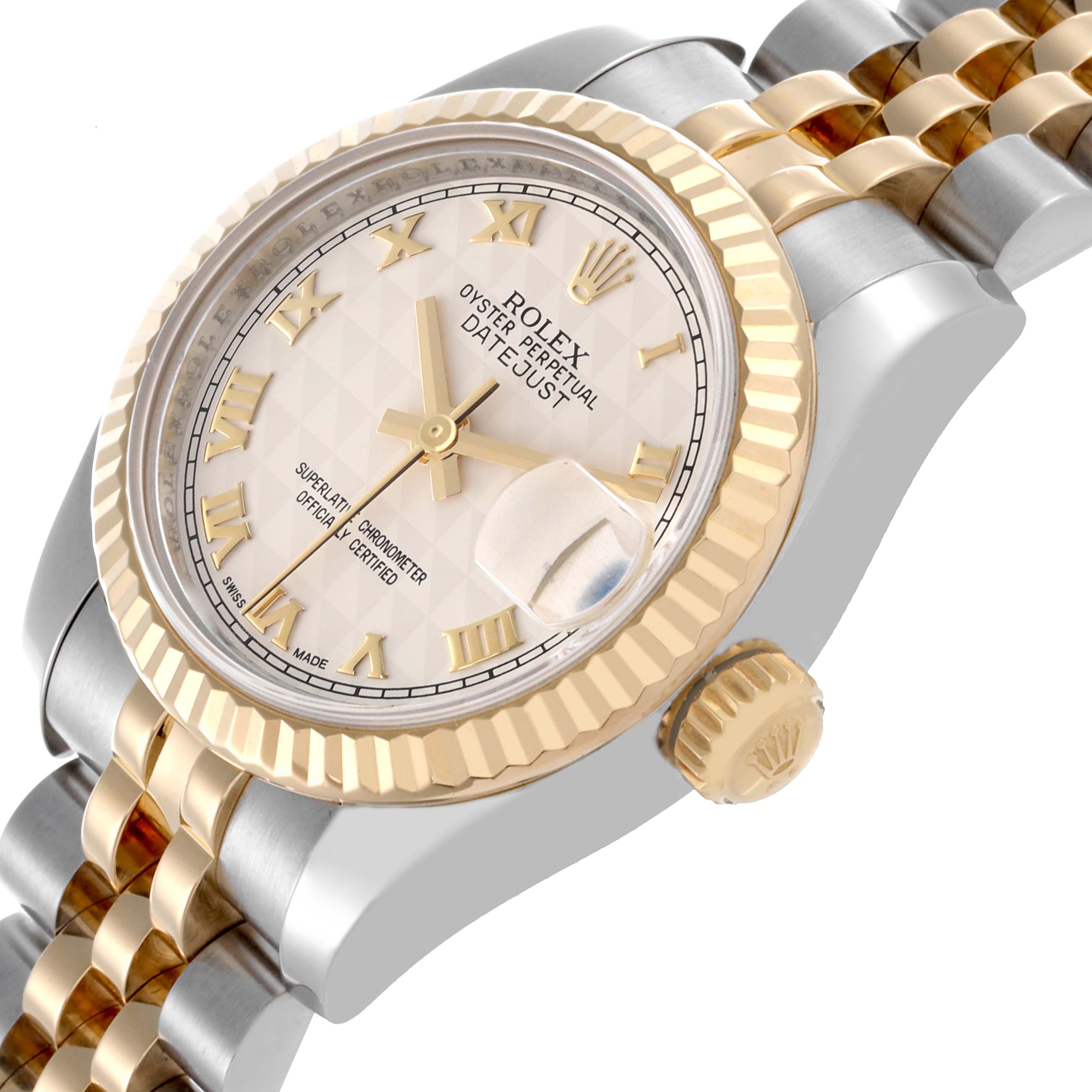 The Rolex Datejust 179173 Women's Steel and Gold (two tone) White Dial 179173 Women's Steel and Gold (two tone) White Dial watch is shown at an angled side view, highlighting the bezel, crown, and part of the bracelet.