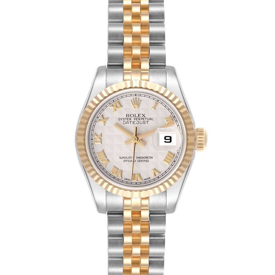 The Rolex Datejust watch is shown from the front, highlighting its dial, bezel, crown, and two-tone bracelet.