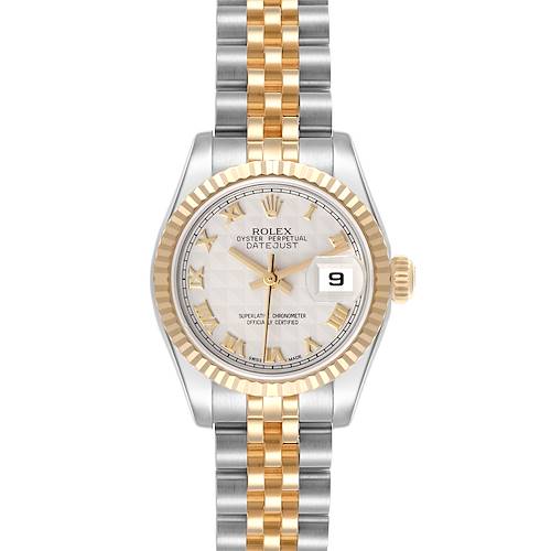 The Rolex Datejust watch is shown from the front, displaying the dial, bezel, and part of the bracelet.