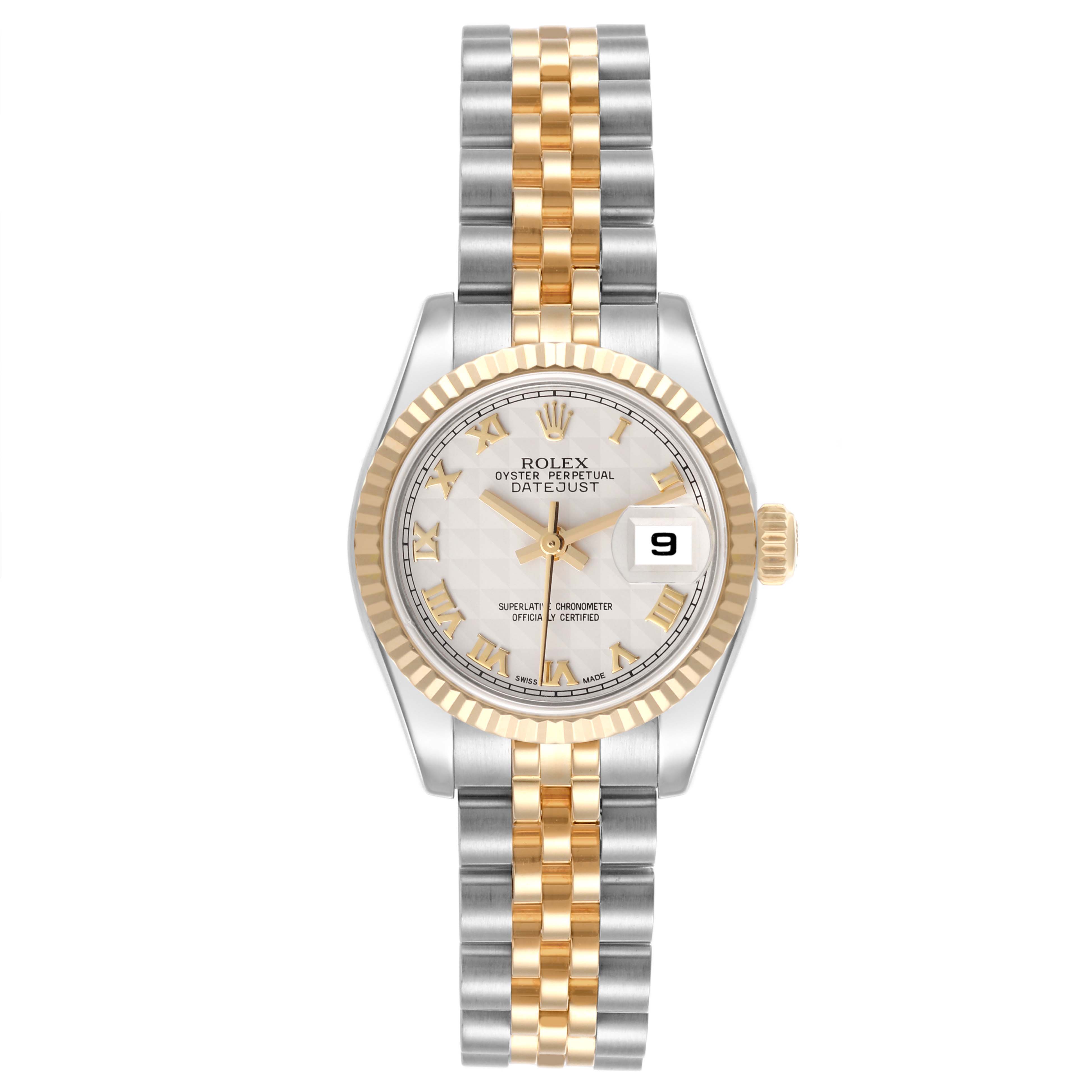 The Rolex Datejust 179173 Women's Steel and Gold (two tone) White Dial 179173 Women's Steel and Gold (two tone) White Dial watch is shown from the front, displaying the dial, bezel, and part of the bracelet.