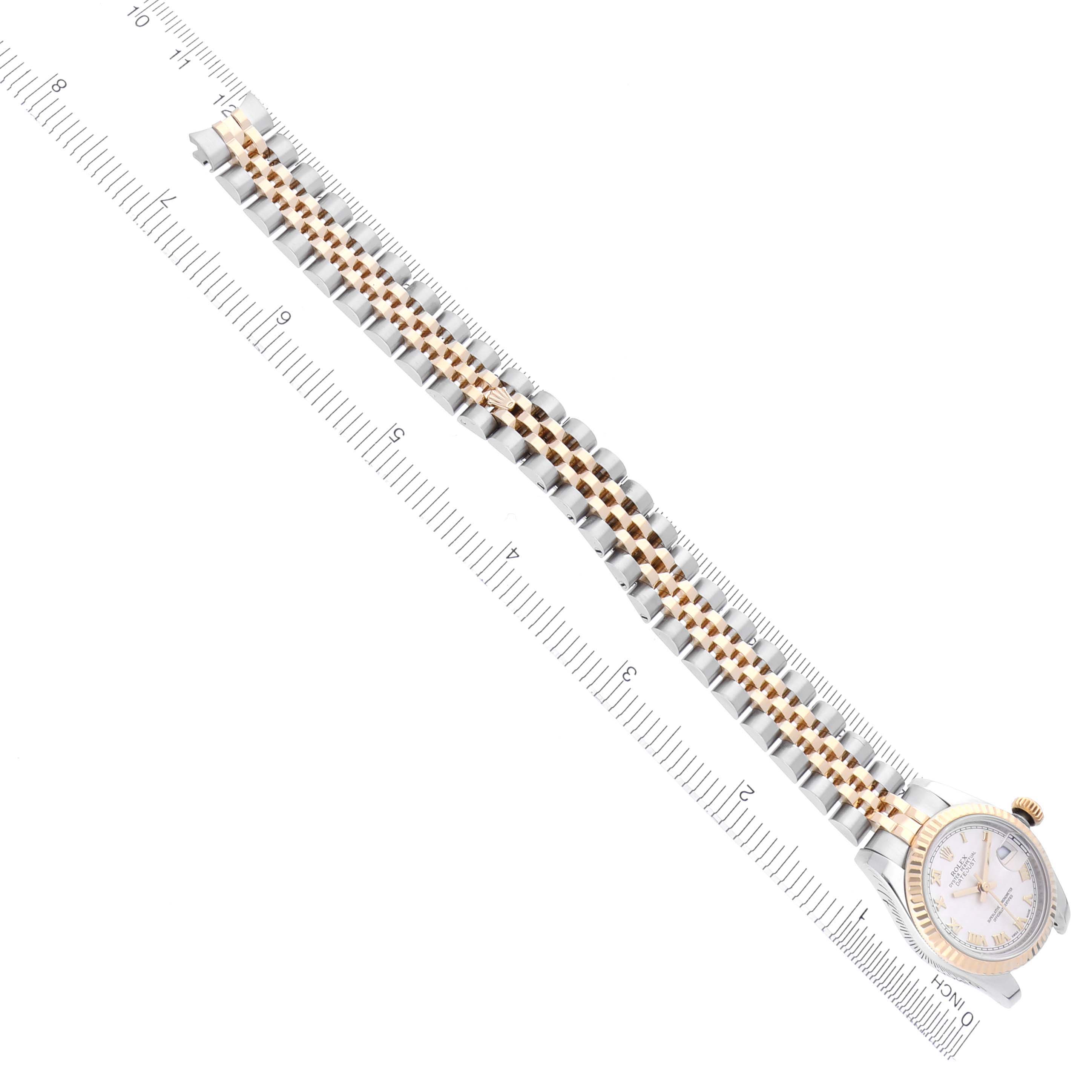 The Rolex Datejust 179173 Women's Steel and Gold (two tone) White Dial 179173 Women's Steel and Gold (two tone) White Dial watch is shown from above, highlighting its bracelet and part of the bezel.