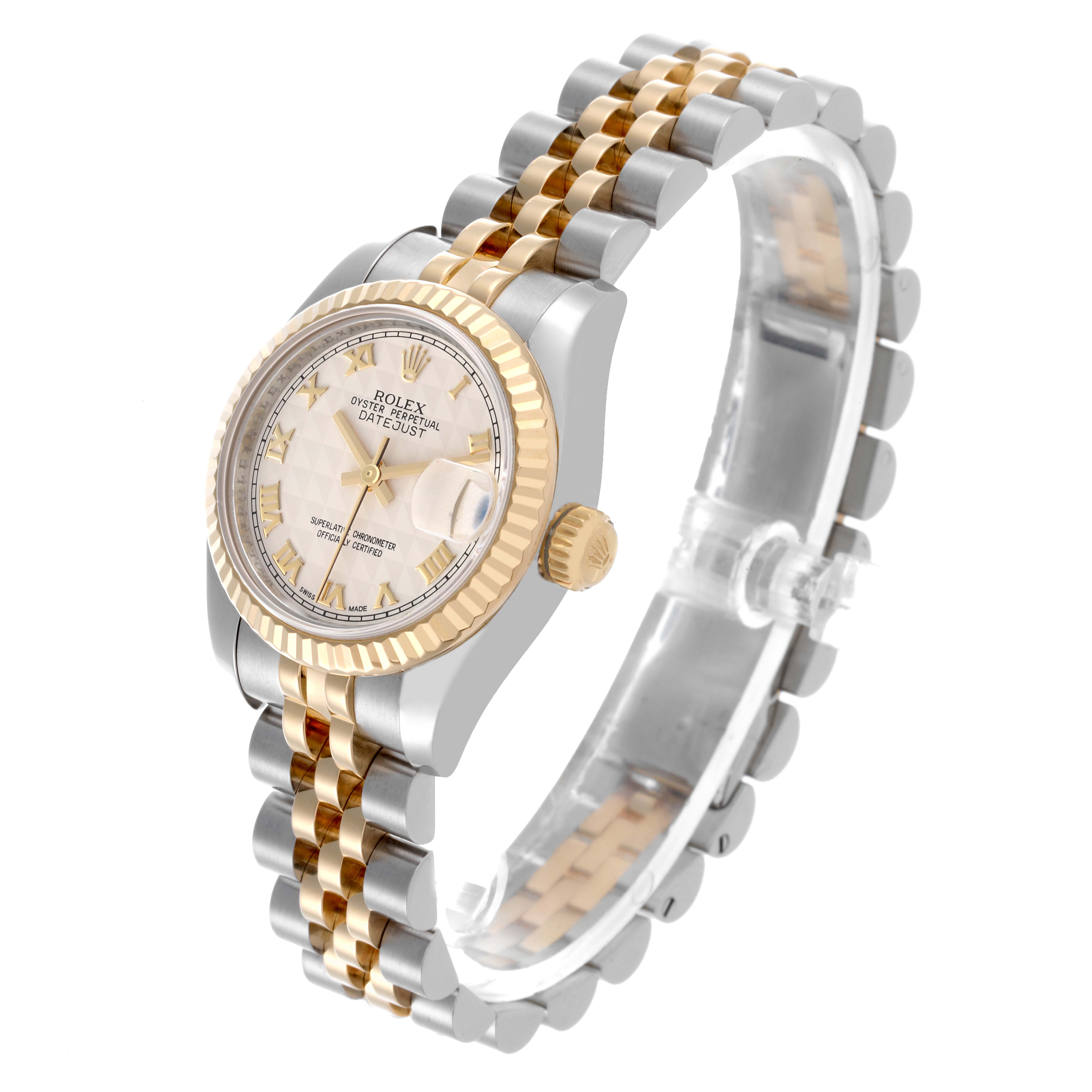 The Rolex Datejust 179173 Women's Steel and Gold (two tone) White Dial 179173 Women's Steel and Gold (two tone) White Dial watch is shown at a slight angle, highlighting the dial, fluted bezel, crown, and part of the Jubilee bracelet.