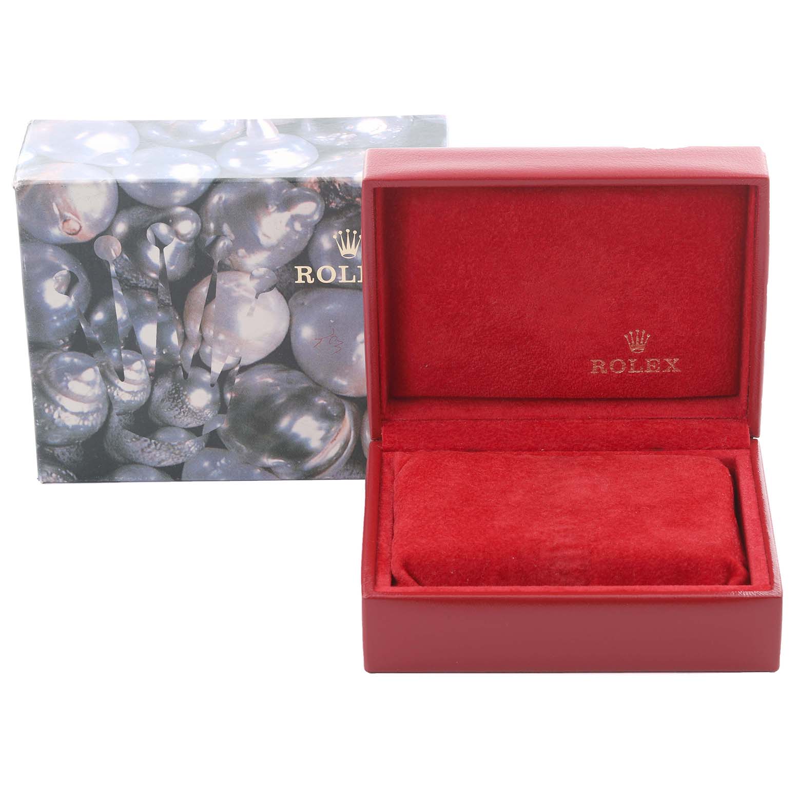 The image shows a red Rolex Datejust 179173 Women's Steel and Gold (two tone) White Dial 179173 Women's Steel and Gold (two tone) White Dial box, open to reveal the interior lining, with a decorative outer box behind it.