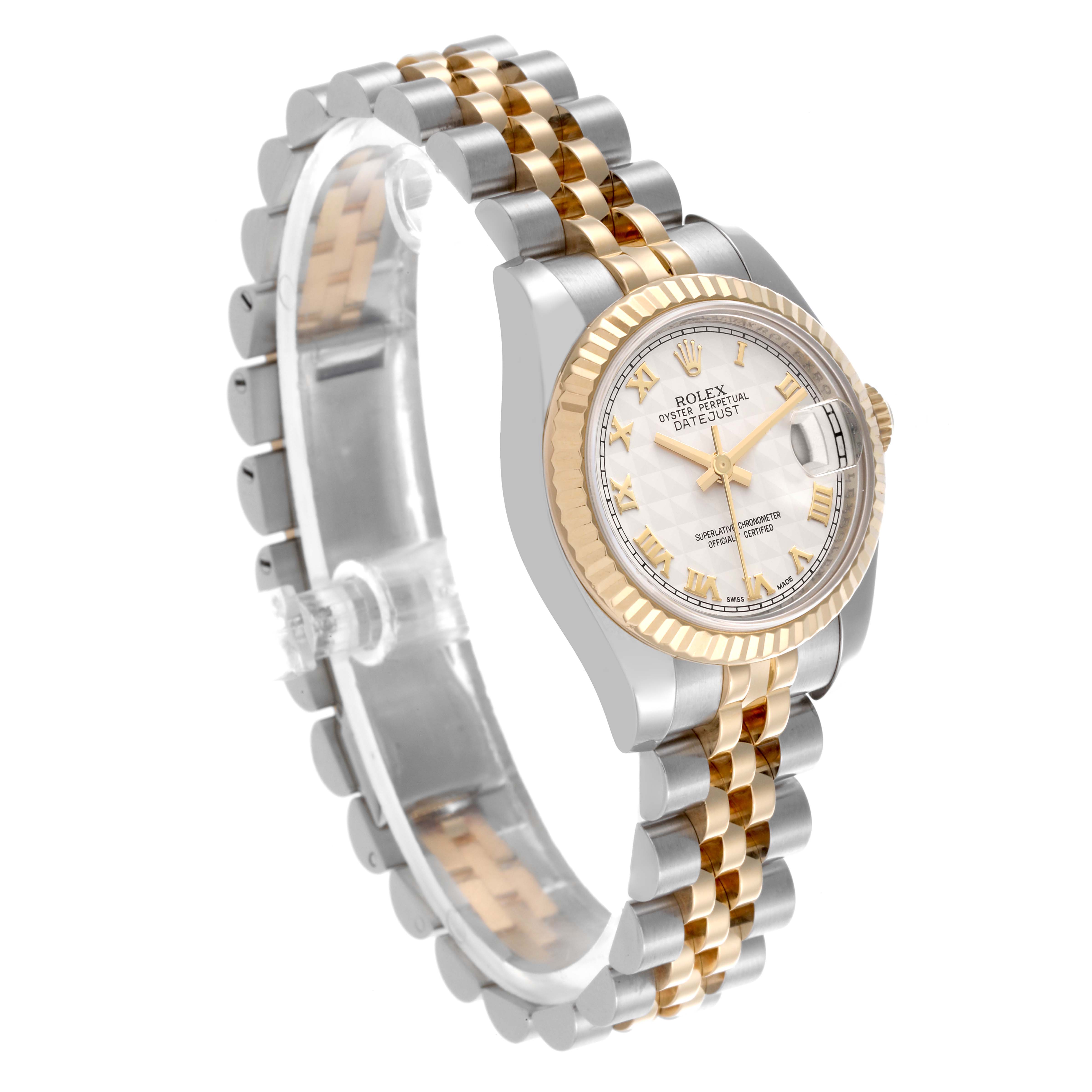 The image shows a Rolex Datejust 179173 Women's Steel and Gold (two tone) White Dial 179173 Women's Steel and Gold (two tone) White Dial watch at a three-quarter angle, highlighting the gold bezel, face, and two-tone bracelet.
