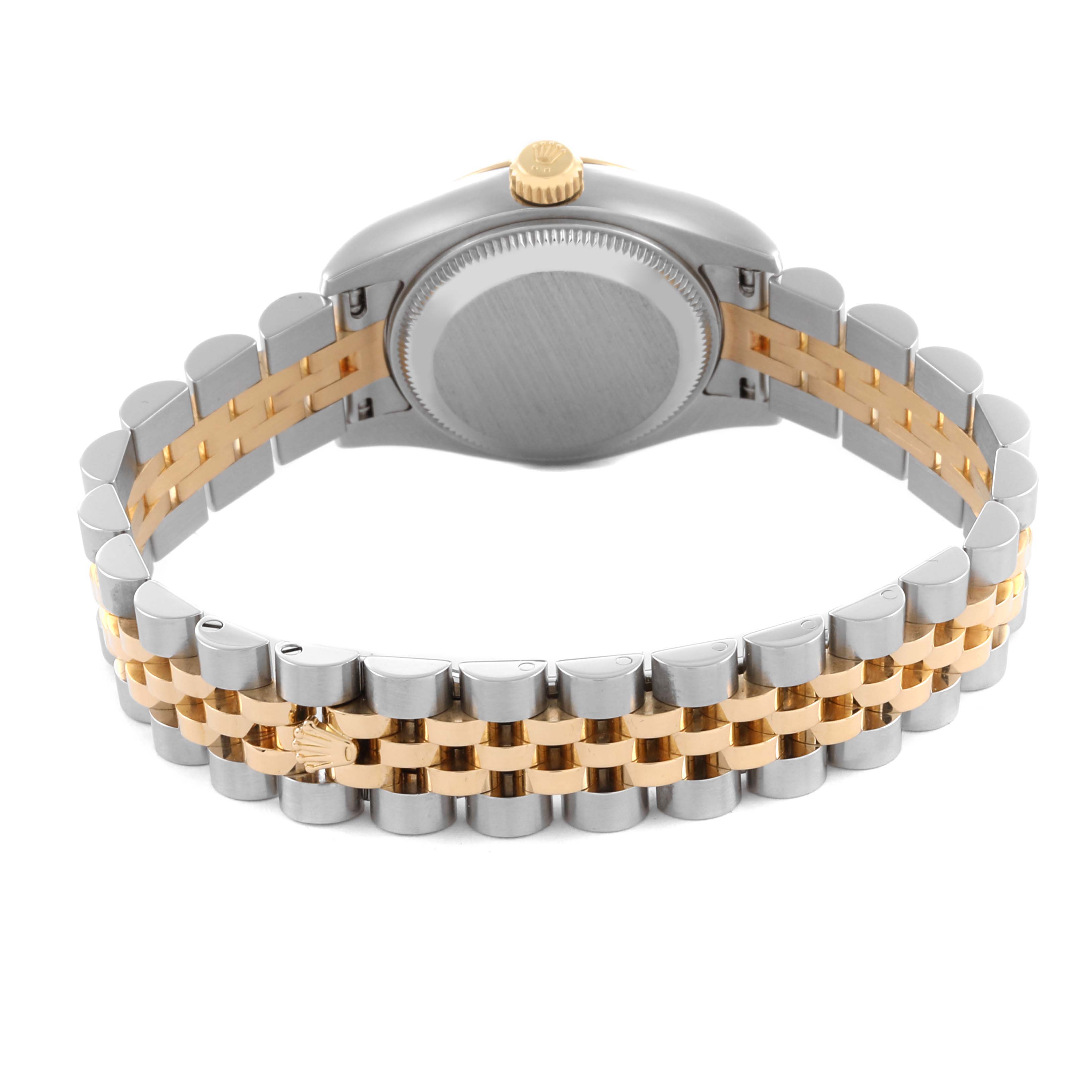 The image shows the back and bracelet of a Rolex Datejust 179173 Women's Steel and Gold (two tone) White Dial 179173 Women's Steel and Gold (two tone) White Dial, highlighting two-tone metal links and the case back.
