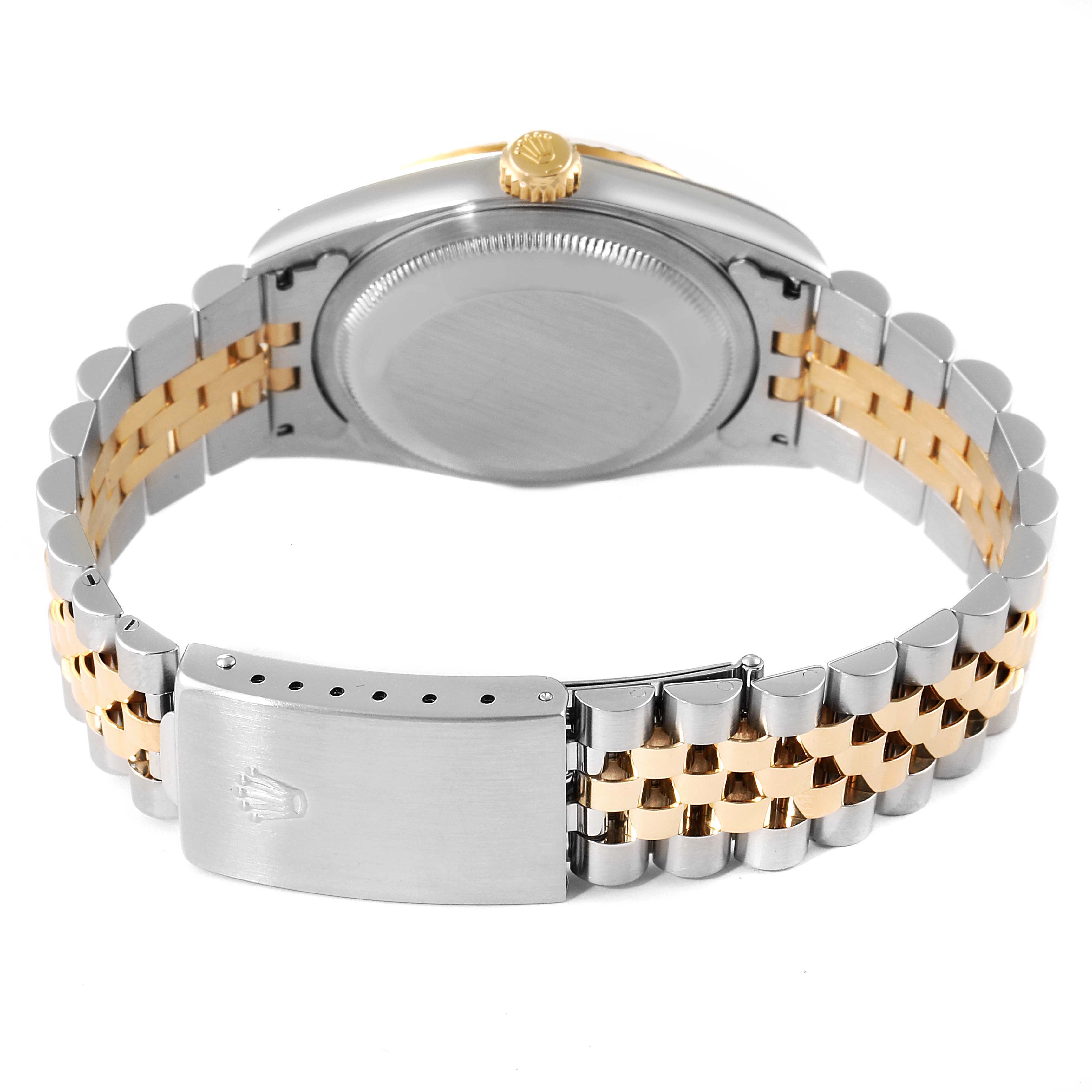 The image shows the rear view of a Rolex Datejust 16233 Men's Steel and Gold (two tone) Silver Dial 16233 Men's Steel and Gold (two tone) Silver Dial watch, highlighting the case back and bi-metal bracelet.