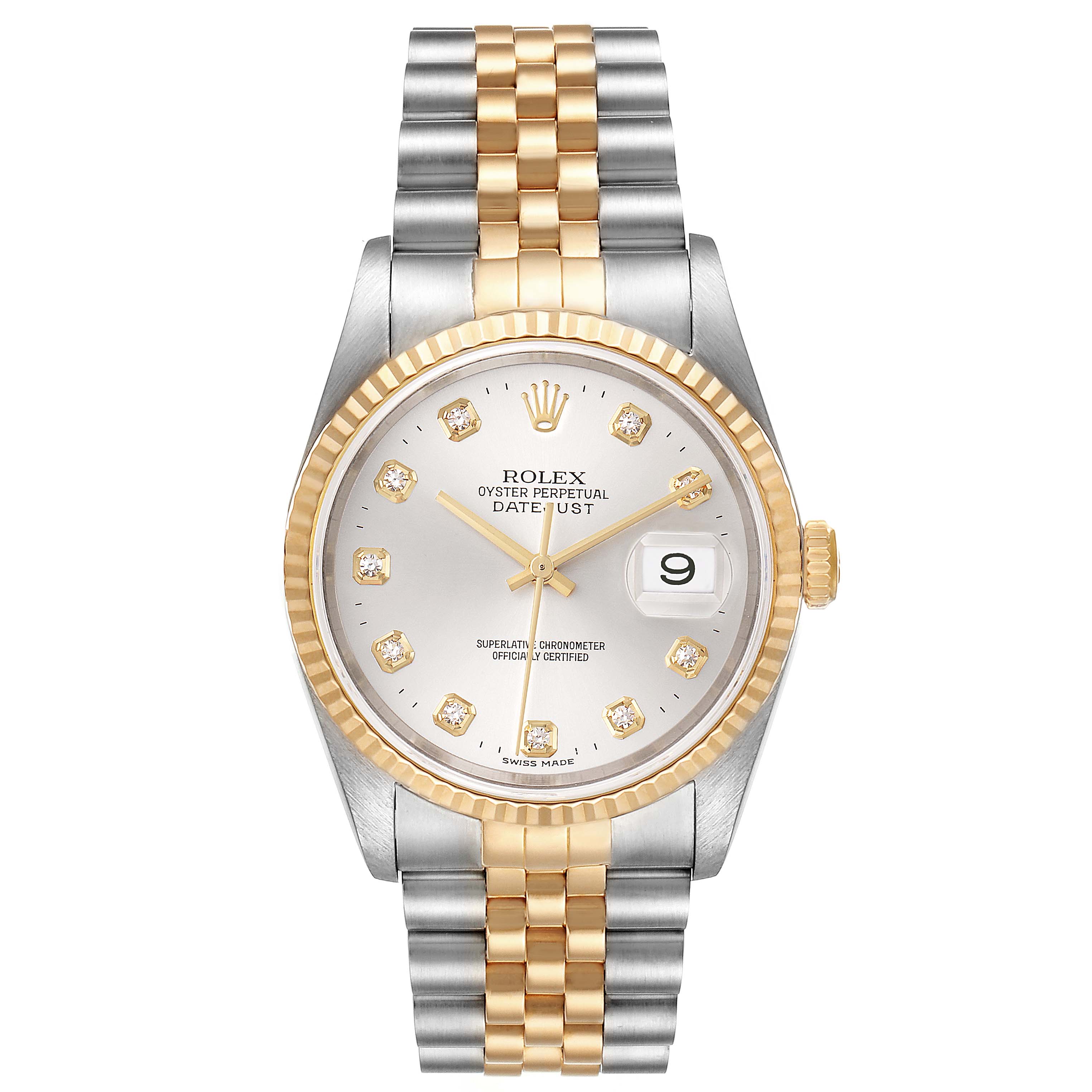 The Rolex Datejust 16233 Men's Steel and Gold (two tone) Silver Dial 16233 Men's Steel and Gold (two tone) Silver Dial watch is shown from a front angle, displaying the full face, bracelet, bezel, and crown.