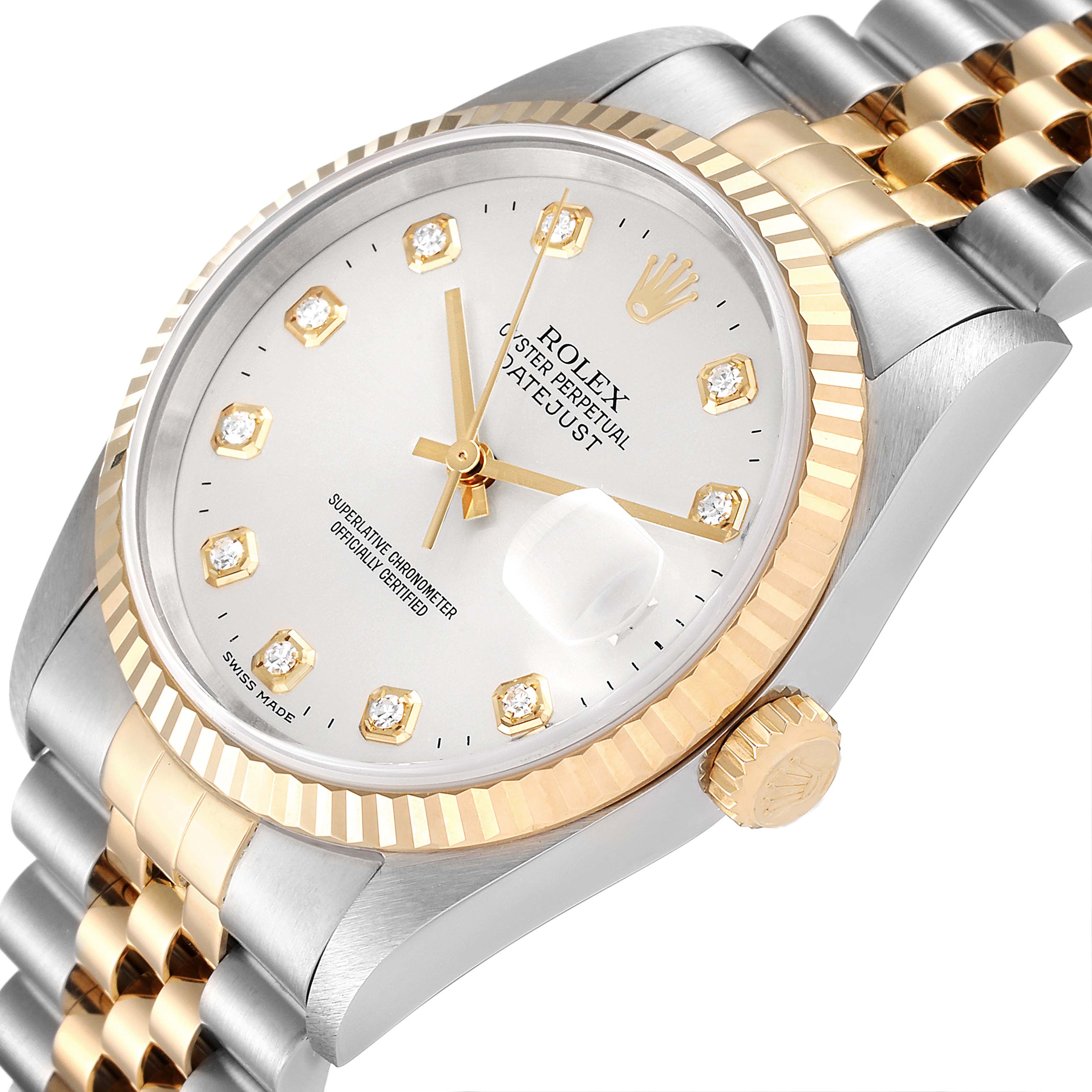 The image shows a Rolex Datejust 16233 Men's Steel and Gold (two tone) Silver Dial 16233 Men's Steel and Gold (two tone) Silver Dial watch from an angled view, highlighting the dial, bezel, crown, and part of the bracelet.