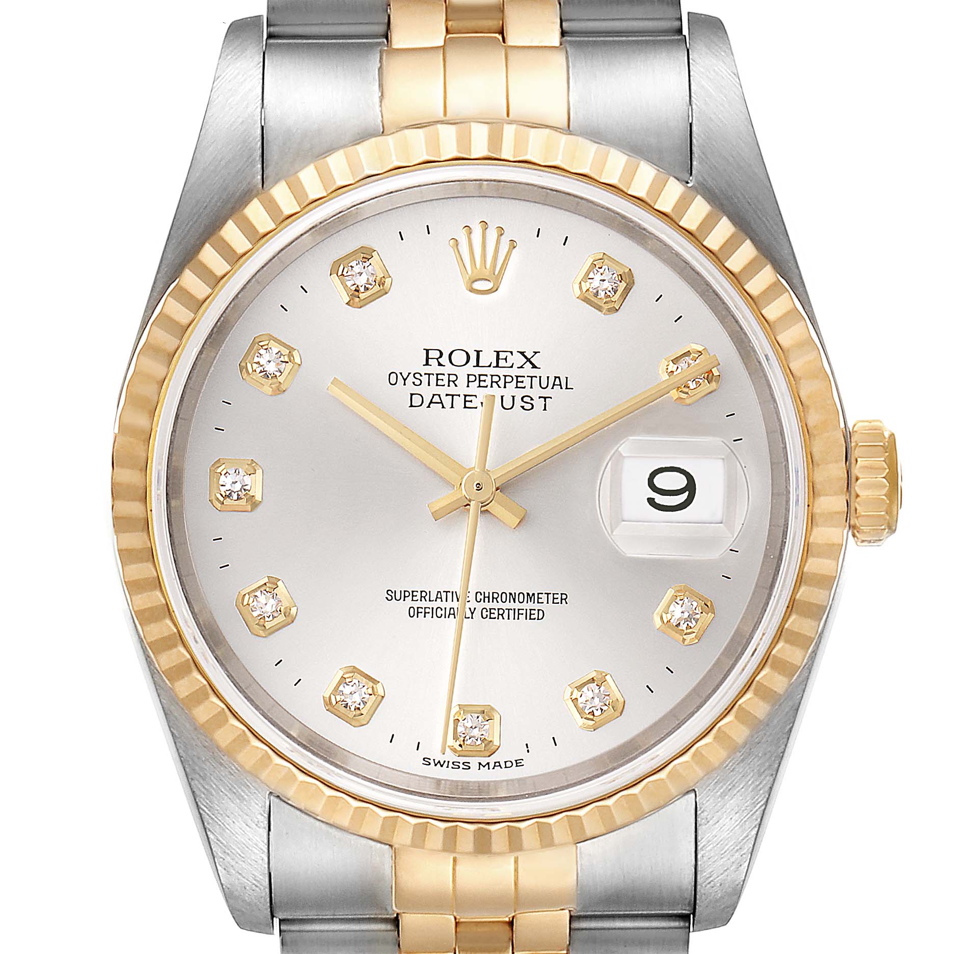 The image shows a front view of the Rolex Datejust 16233 Men's Steel and Gold (two tone) Silver Dial 16233 Men's Steel and Gold (two tone) Silver Dial watch, highlighting its face, bezel, crown, and part of the bracelet.