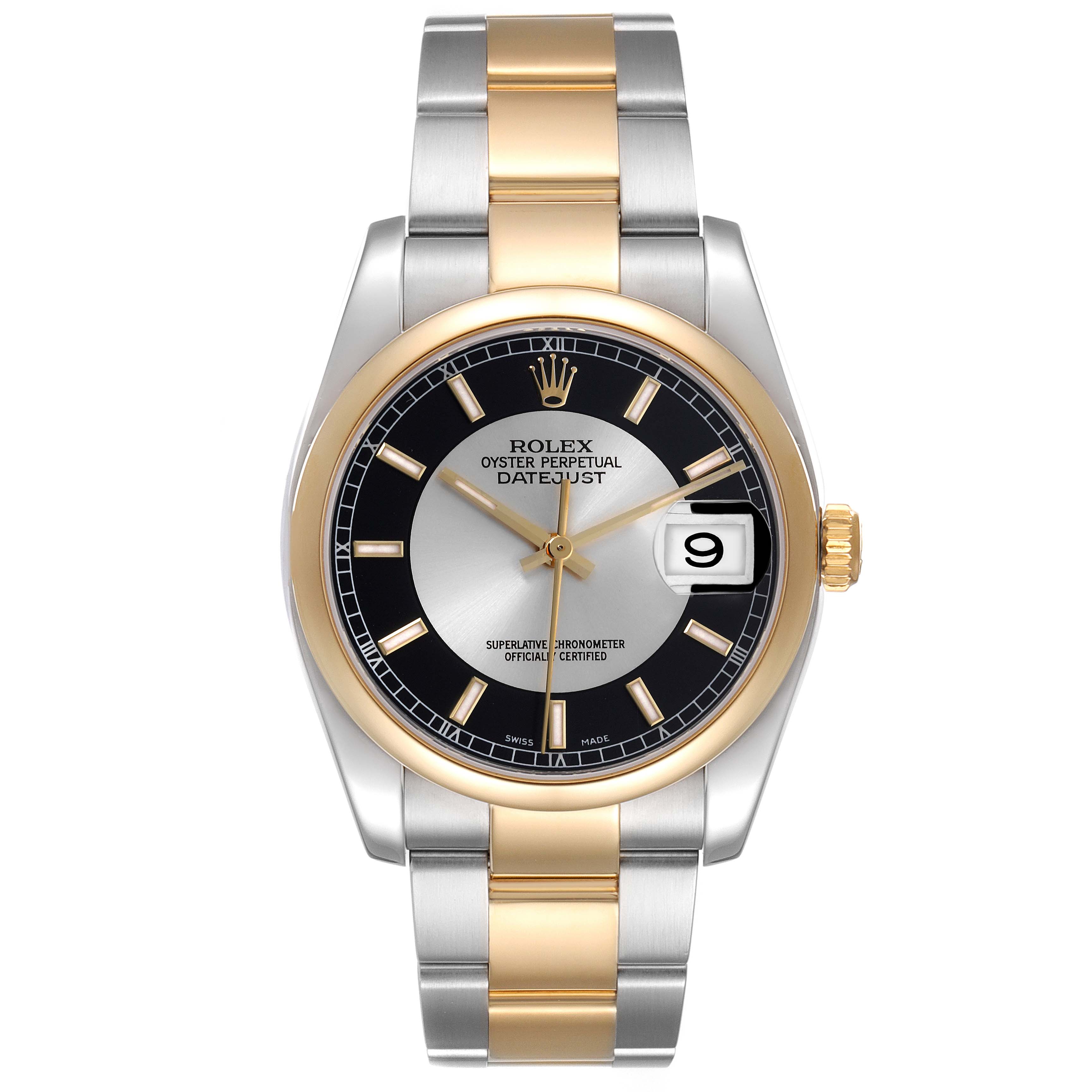 The image shows a Rolex Datejust 116203 Men's Steel and Gold (two tone) Black Dial 116203 Men's Steel and Gold (two tone) Black Dial watch from the front, displaying the dial, bezel, bracelet, and date window.