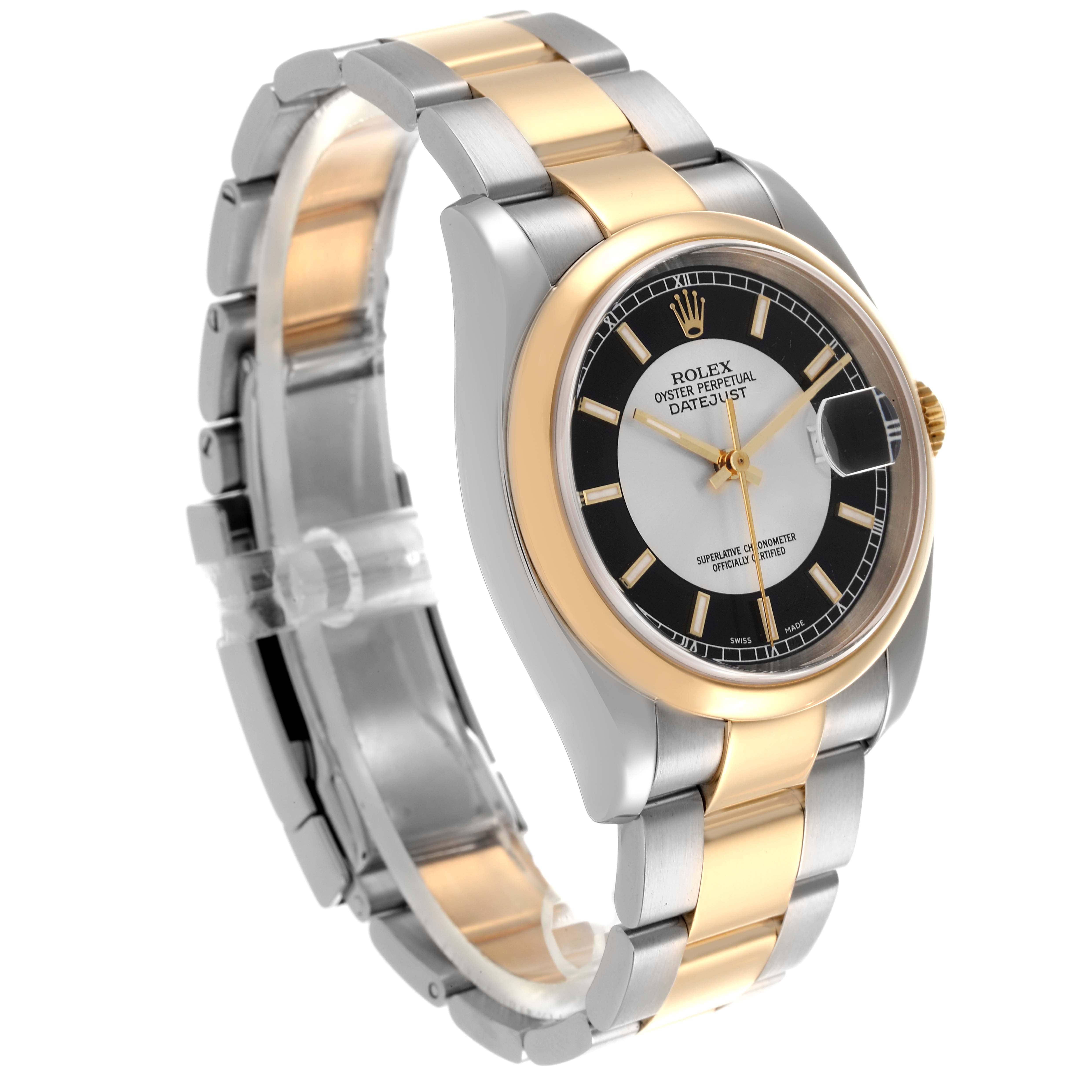 The Rolex Datejust 116203 Men's Steel and Gold (two tone) Black Dial 116203 Men's Steel and Gold (two tone) Black Dial watch is shown at a three-quarter angle, highlighting the dial, bezel, and two-tone bracelet.