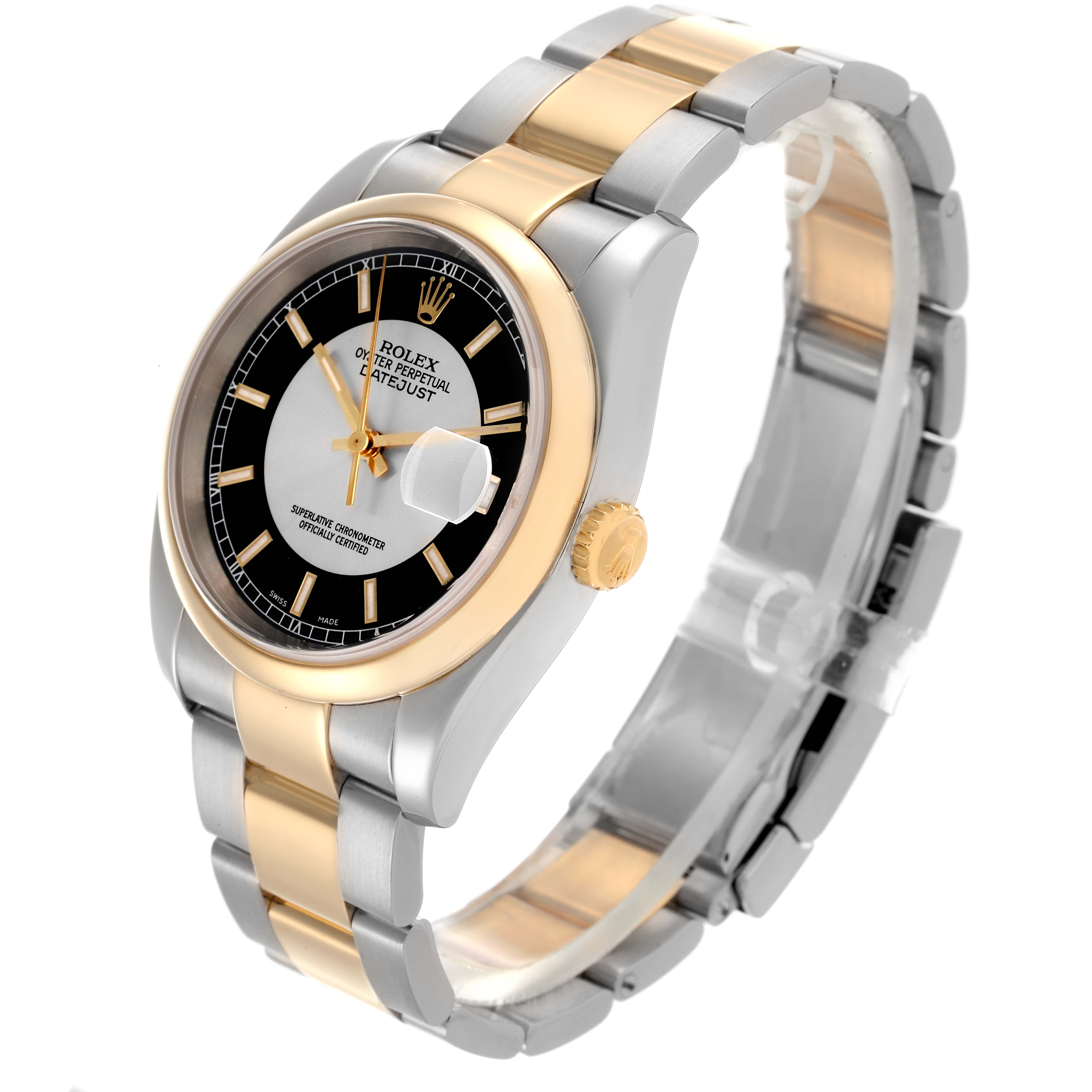 The Rolex Datejust 116203 Men's Steel and Gold (two tone) Black Dial 116203 Men's Steel and Gold (two tone) Black Dial watch is shown at an angled view highlighting the dial, bezel, crown, and two-tone bracelet.