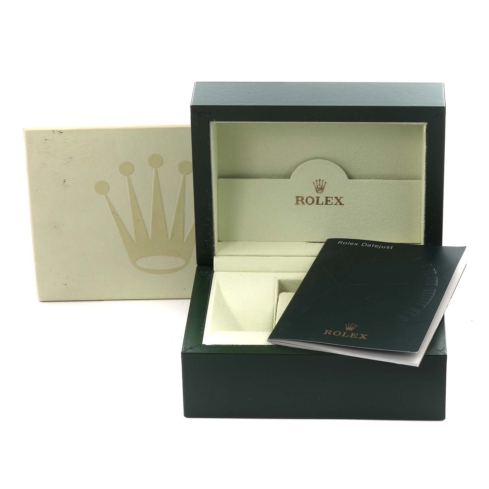 The image shows the open packaging and booklet of a Rolex Datejust 116203 Men's Steel and Gold (two tone) Black Dial 116203 Men's Steel and Gold (two tone) Black Dial watch.